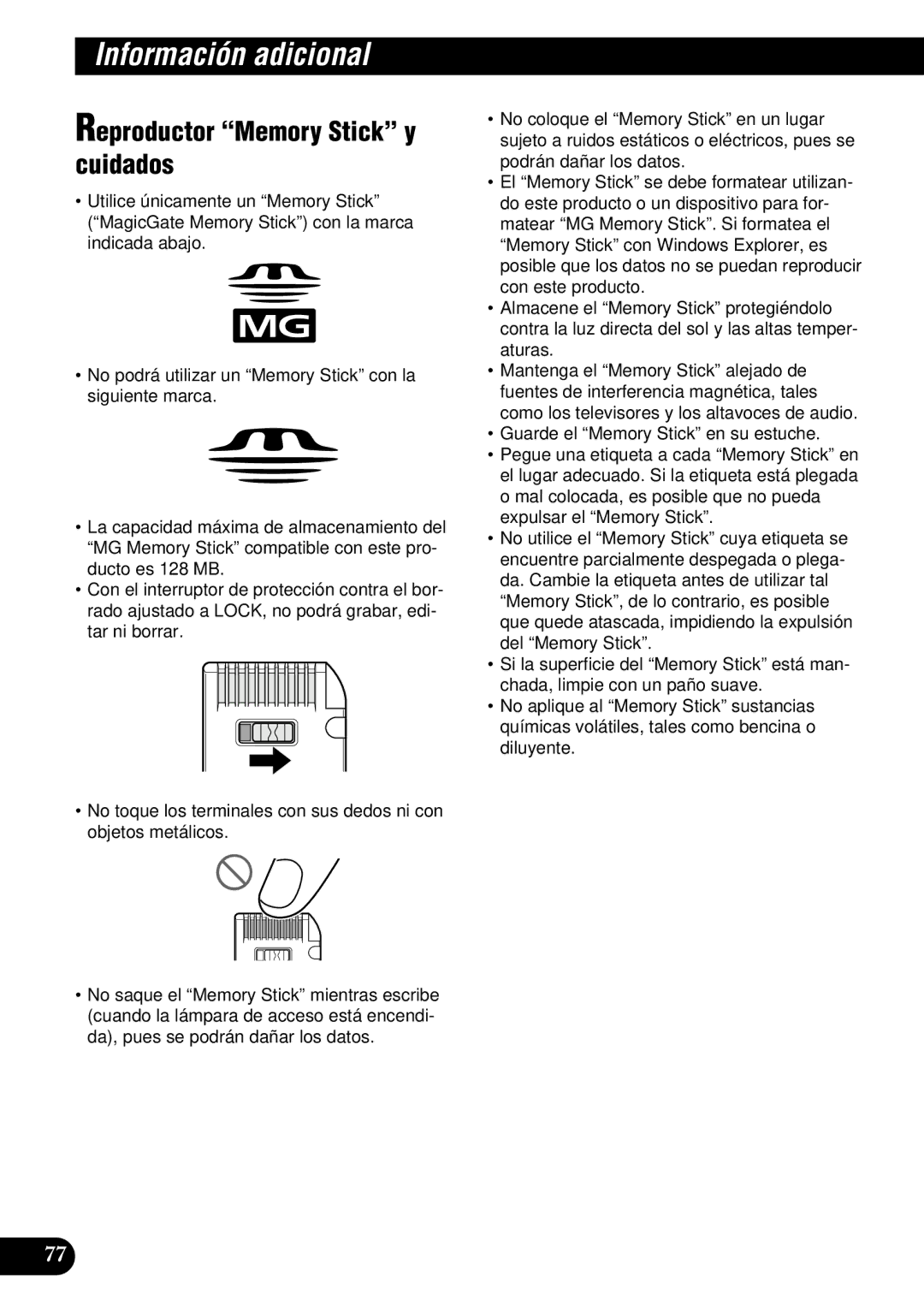 Pioneer DEH-P900HDD operation manual Reproductor Memory Stick y cuidados 