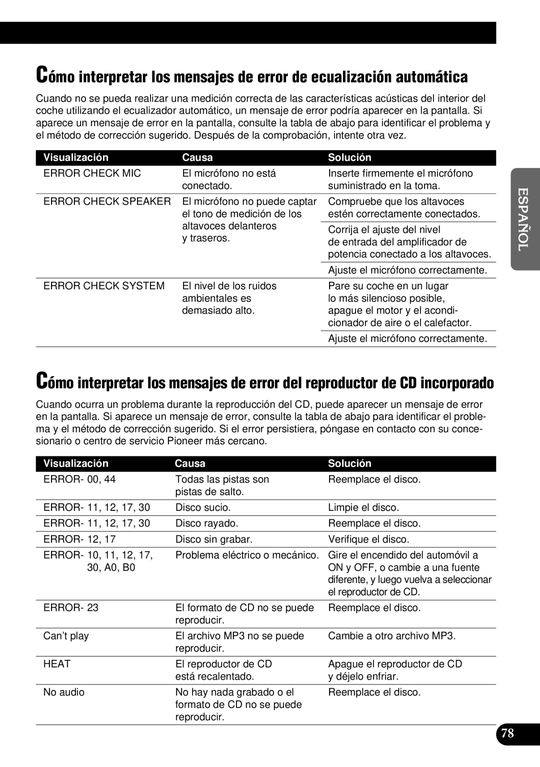 Pioneer DEH-P900HDD operation manual Visualización Causa Solución, Ajuste el micrófono correctamente, El reproductor de CD 