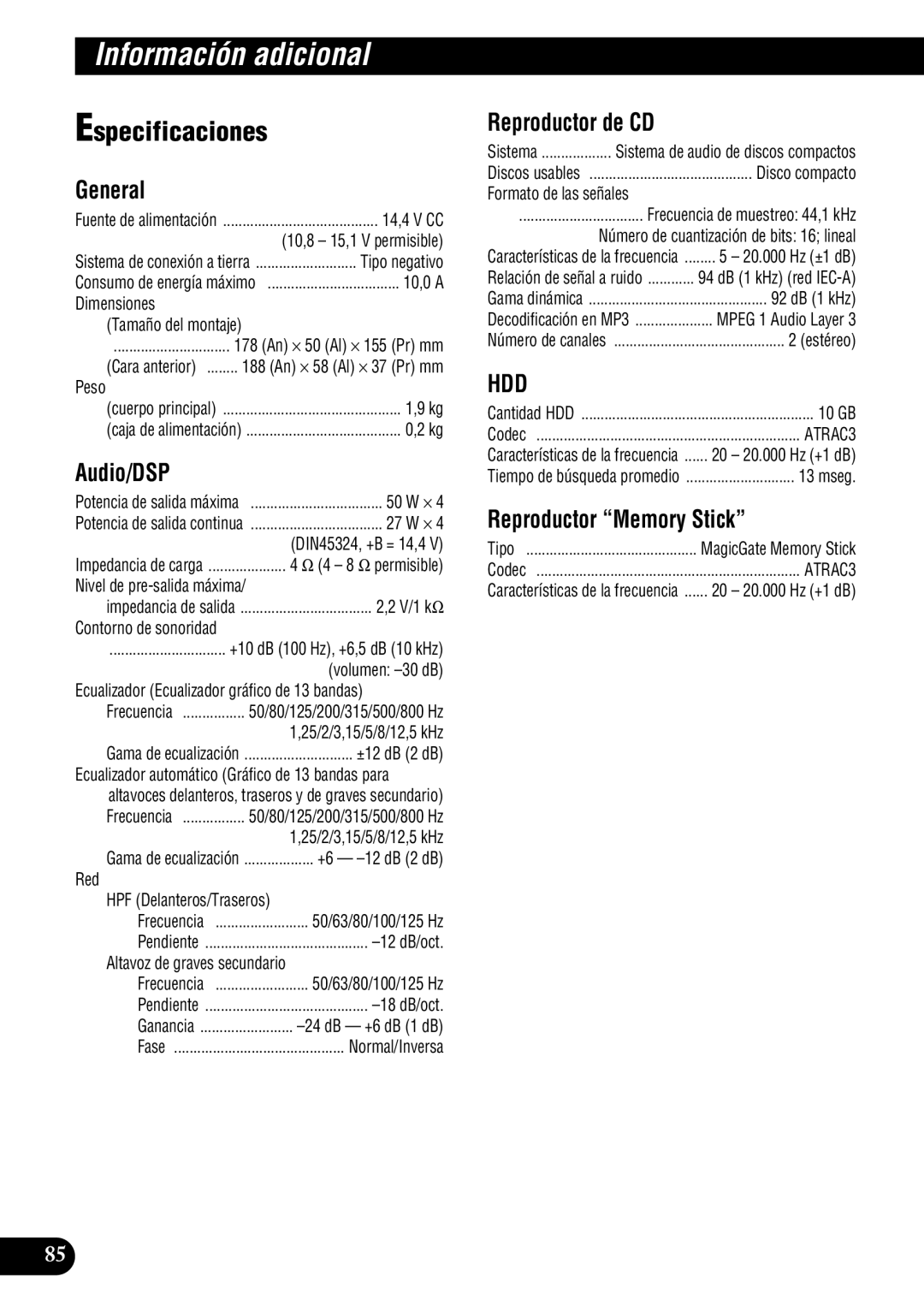 Pioneer DEH-P900HDD operation manual Especificaciones General 