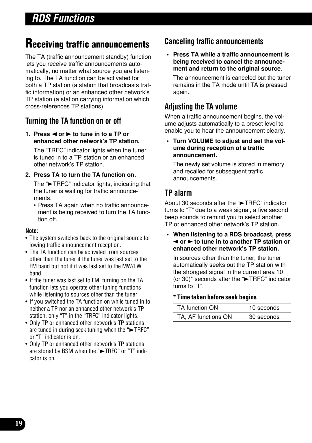 Pioneer DEH-P900HDD Receiving traffic announcements, Turning the TA function on or off, Canceling traffic announcements 