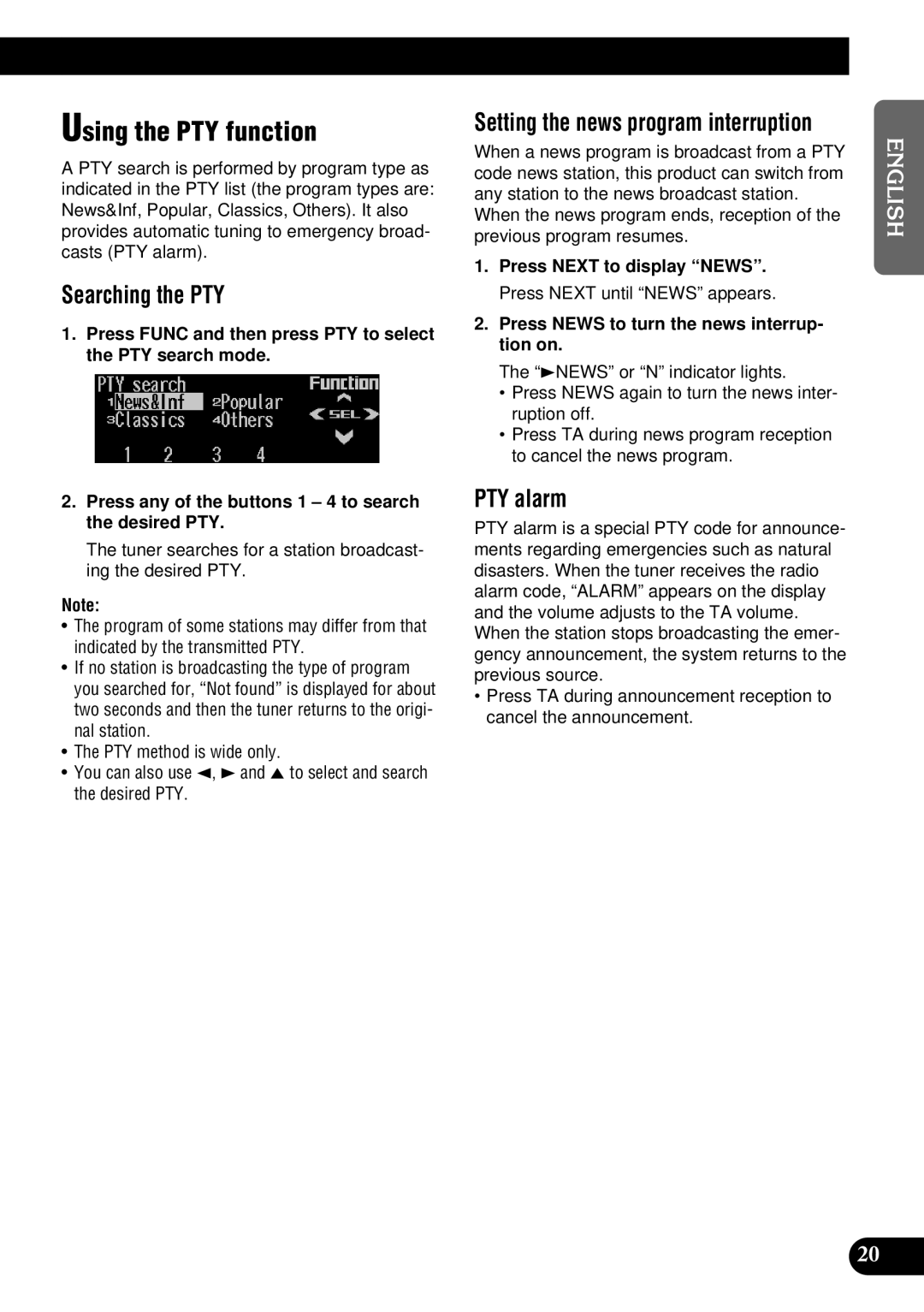 Pioneer DEH-P900HDD Using the PTY function, Searching the PTY, PTY alarm, Setting the news program interruption 