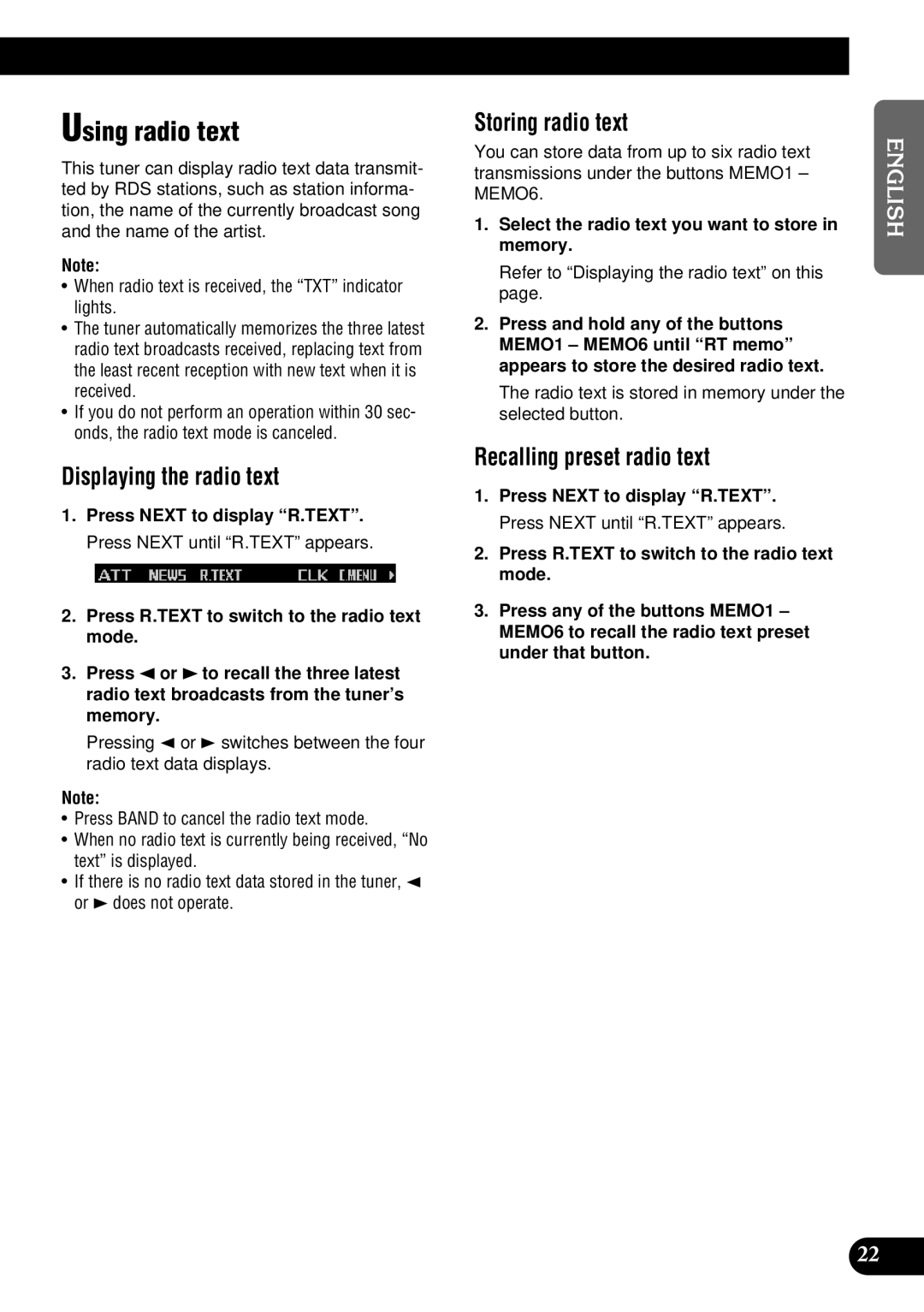 Pioneer DEH-P900HDD Using radio text, Displaying the radio text, Storing radio text, Recalling preset radio text 