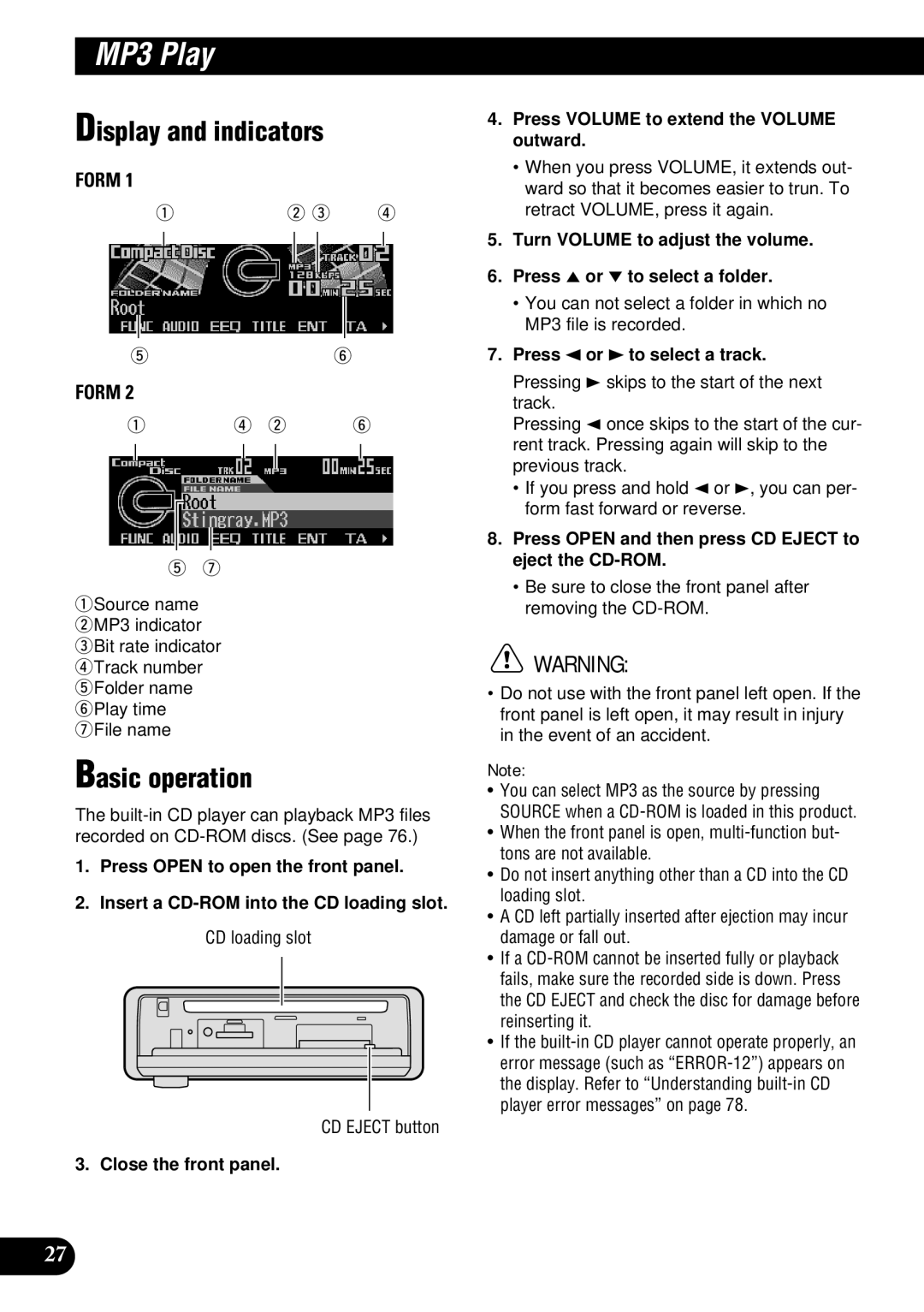 Pioneer DEH-P900HDD operation manual MP3 Play, Press Open and then press CD Eject to eject the CD-ROM 