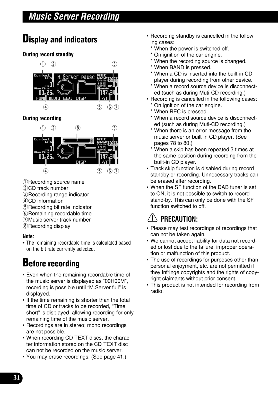 Pioneer DEH-P900HDD operation manual Music Server Recording, Before recording, During record standby, During recording 