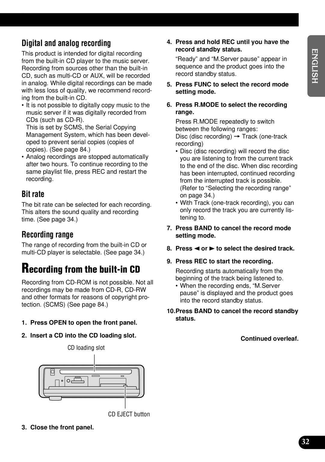 Pioneer DEH-P900HDD Recording from the built-in CD, Digital and analog recording, Bit rate, Recording range 