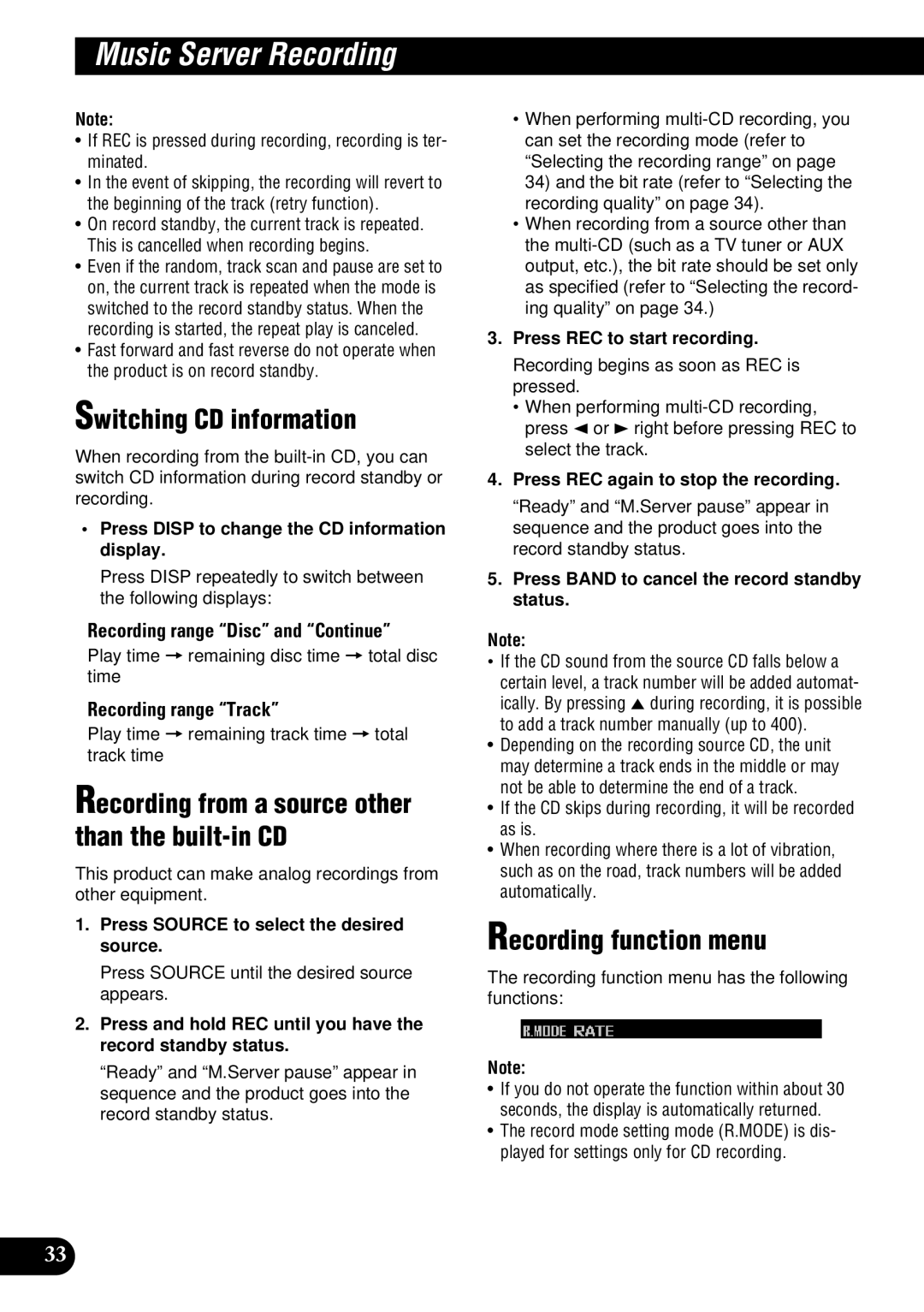 Pioneer DEH-P900HDD Switching CD information, Recording from a source other than the built-in CD, Recording function menu 