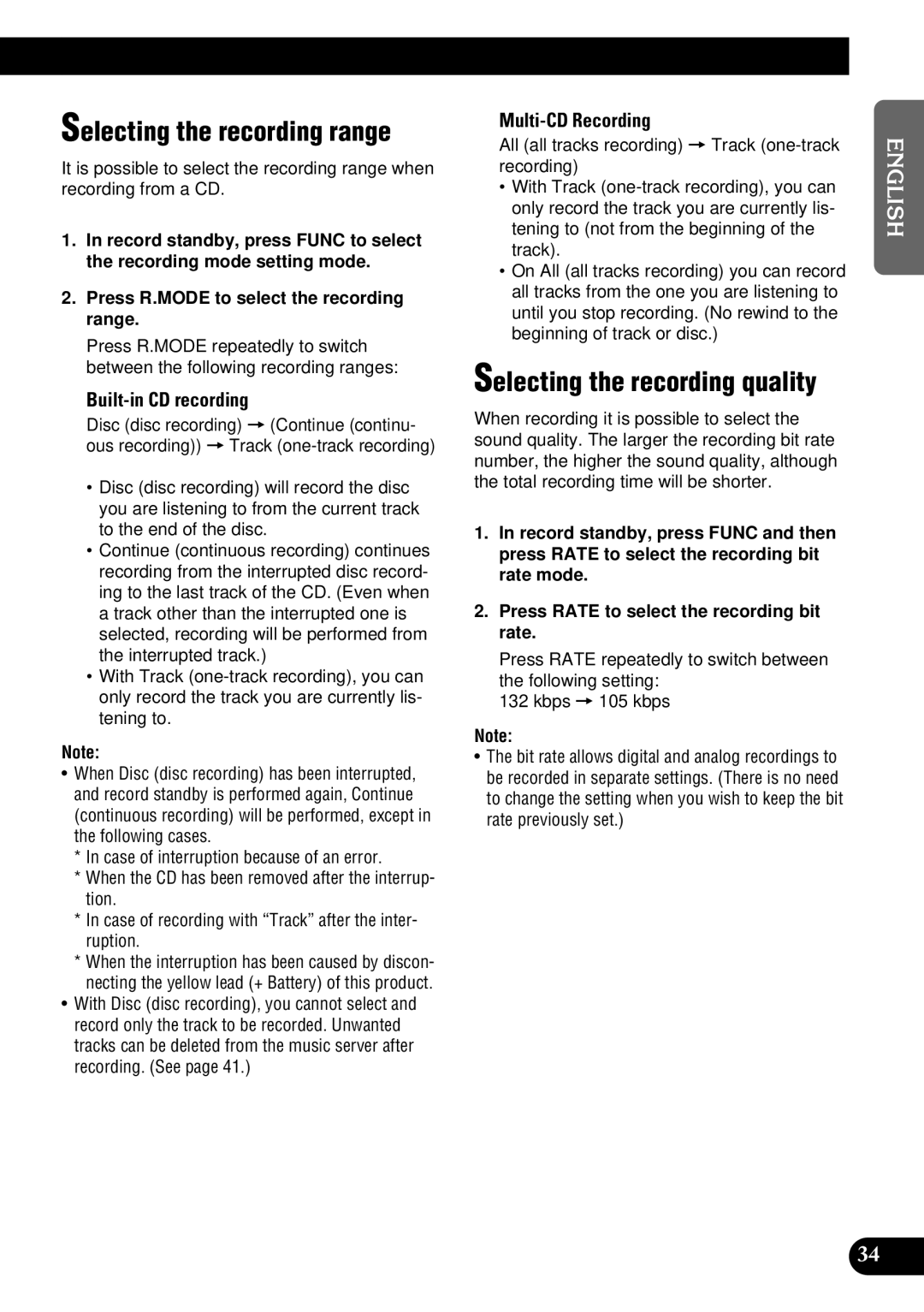 Pioneer DEH-P900HDD operation manual Selecting the recording range, Selecting the recording quality, Built-in CD recording 