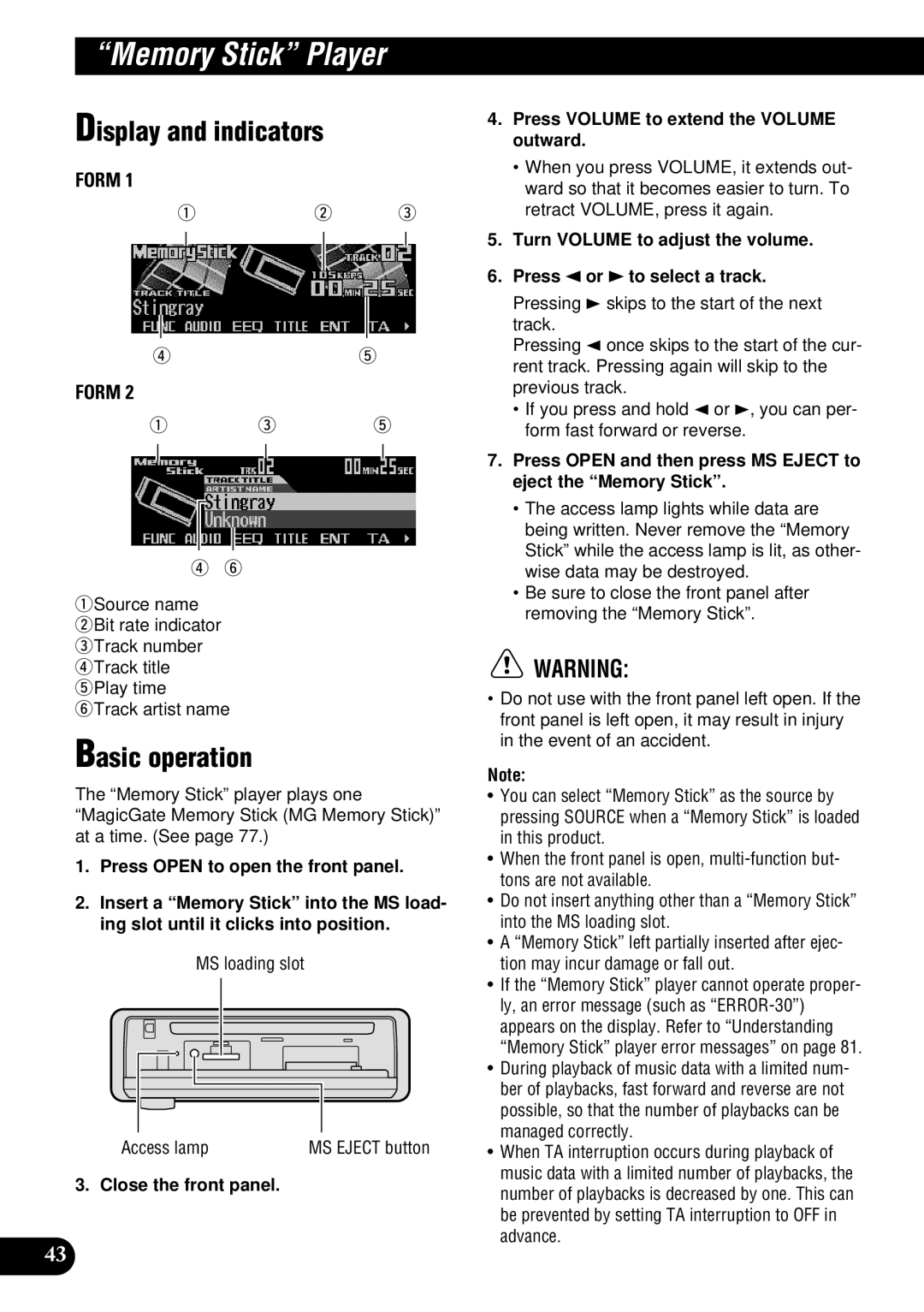 Pioneer DEH-P900HDD operation manual Memory Stick Player, MS loading slot Access lamp 