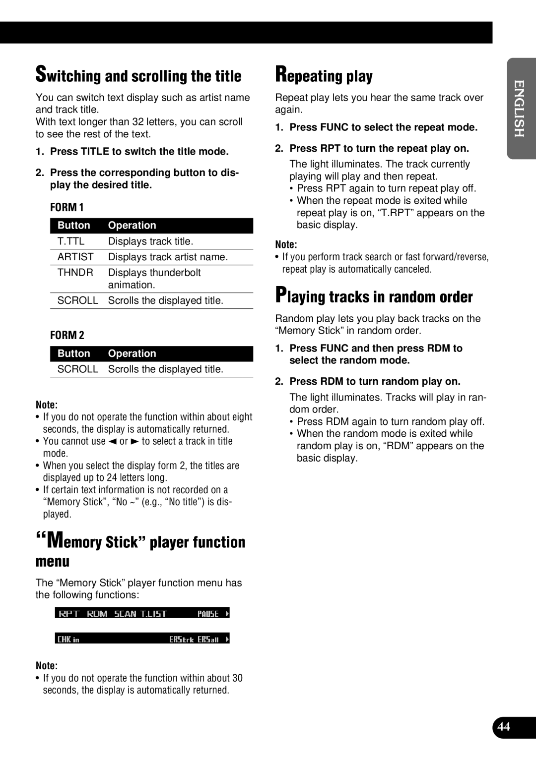 Pioneer DEH-P900HDD operation manual Memory Stick player function menu, Scrolls the displayed title 