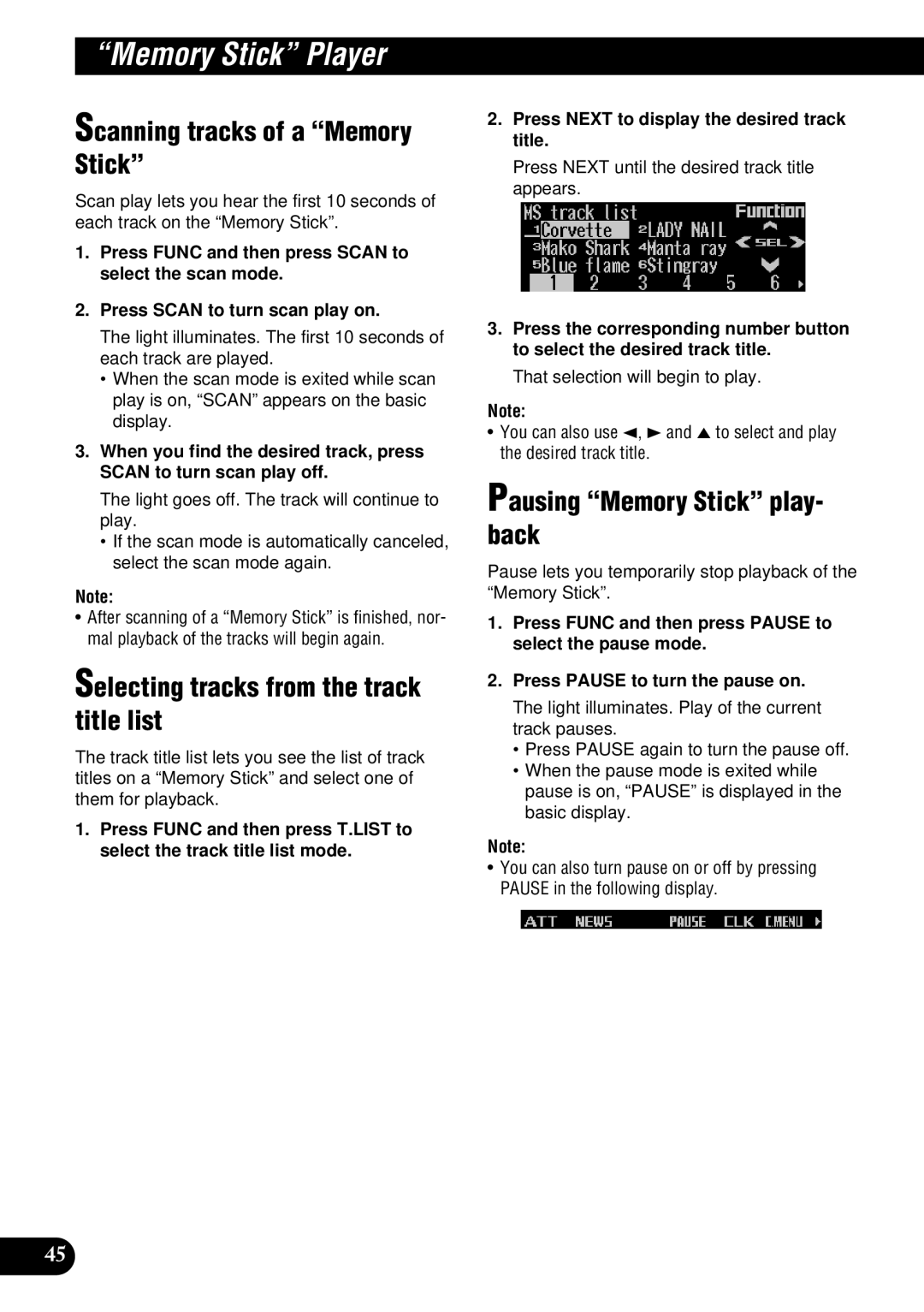 Pioneer DEH-P900HDD operation manual Scanning tracks of a Memory Stick, Pausing Memory Stick play- back 