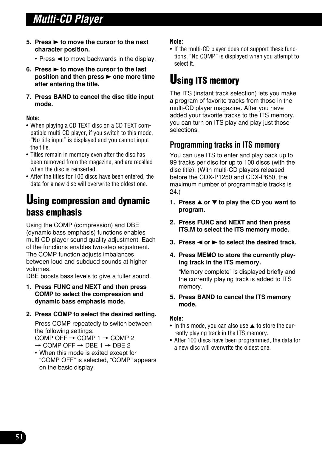 Pioneer DEH-P900HDD Using compression and dynamic bass emphasis, Using ITS memory, Programming tracks in ITS memory 