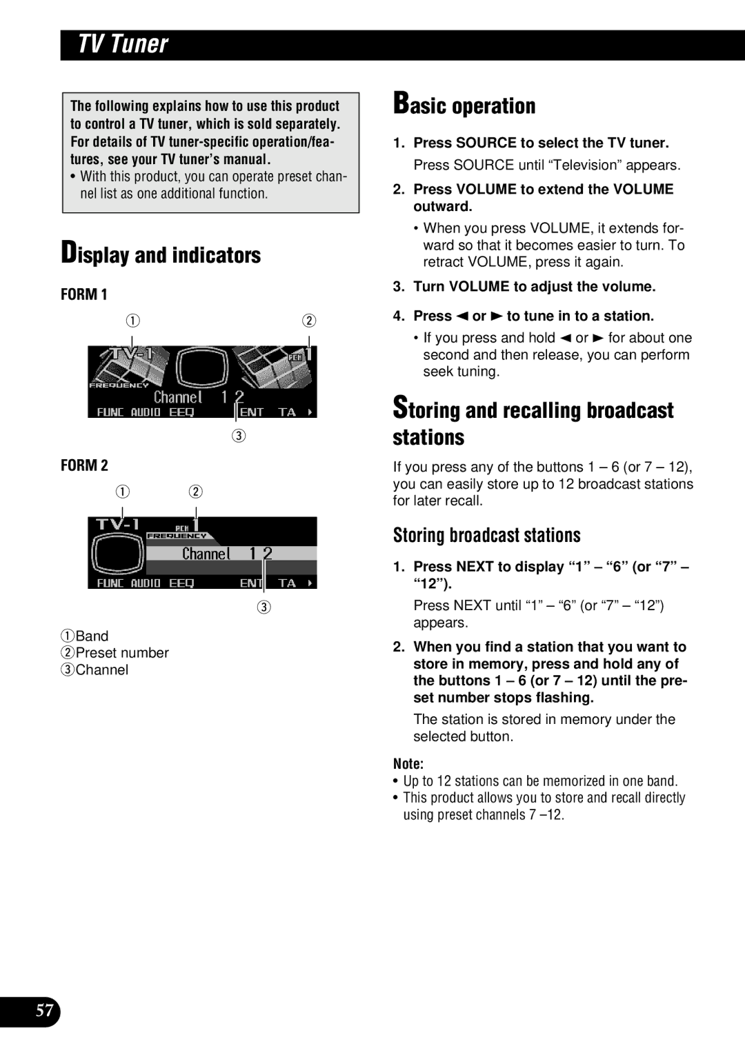 Pioneer DEH-P900HDD operation manual TV Tuner, QBand WPreset number eChannel 