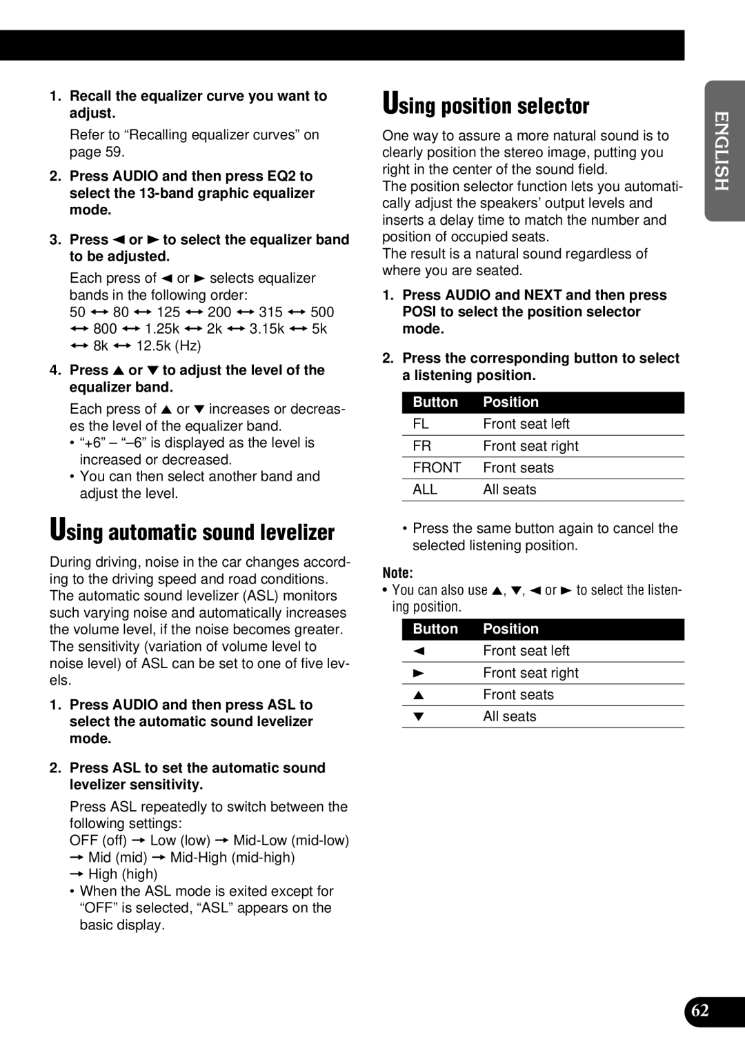 Pioneer DEH-P900HDD operation manual Using automatic sound levelizer, Using position selector, Button Position 