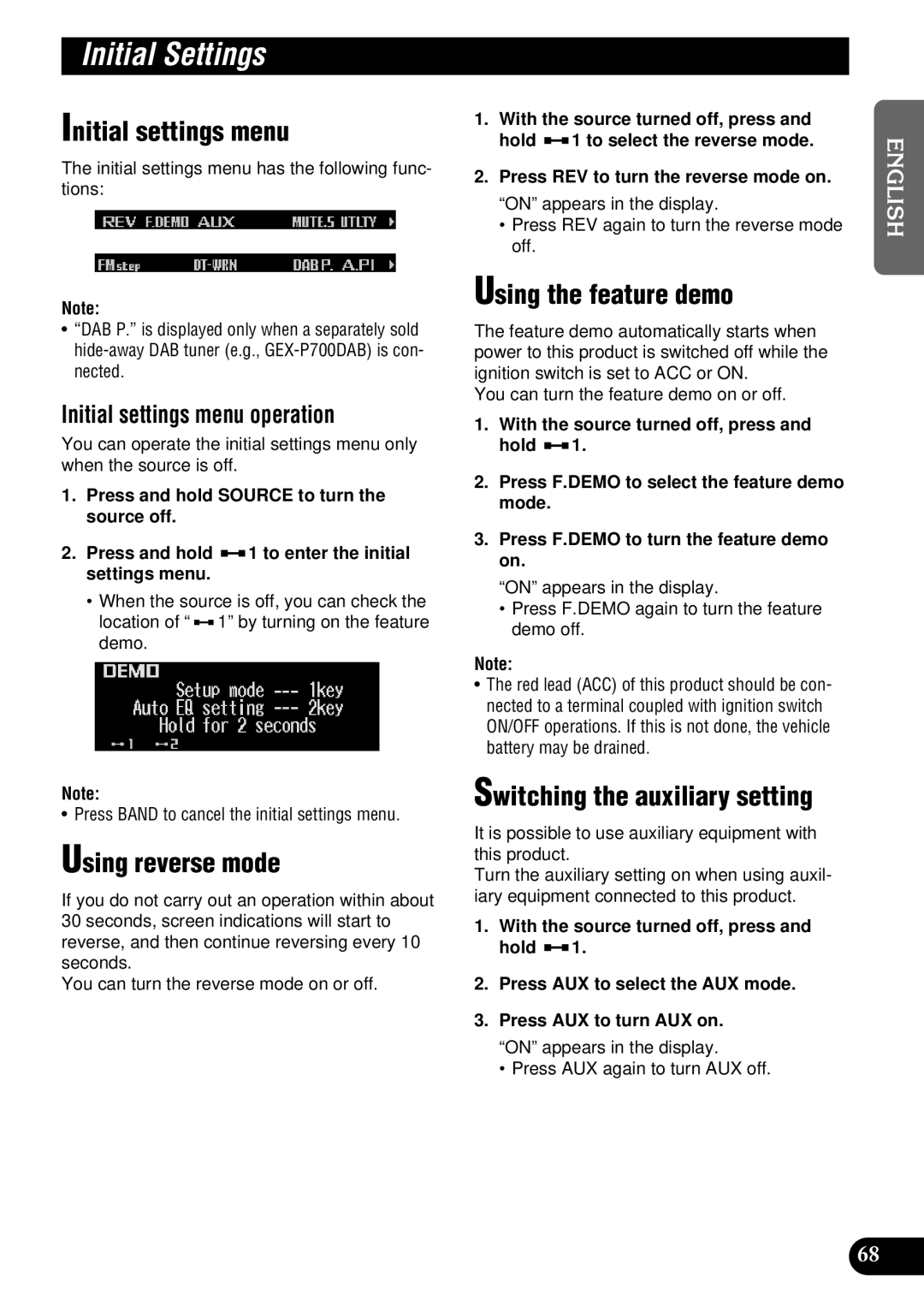 Pioneer DEH-P900HDD operation manual Initial Settings, Initial settings menu, Using reverse mode, Using the feature demo 