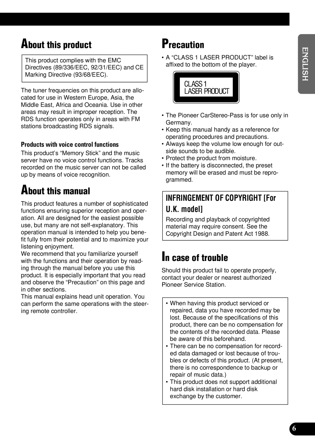 Pioneer DEH-P900HDD operation manual About this product, About this manual, Precaution, Case of trouble 