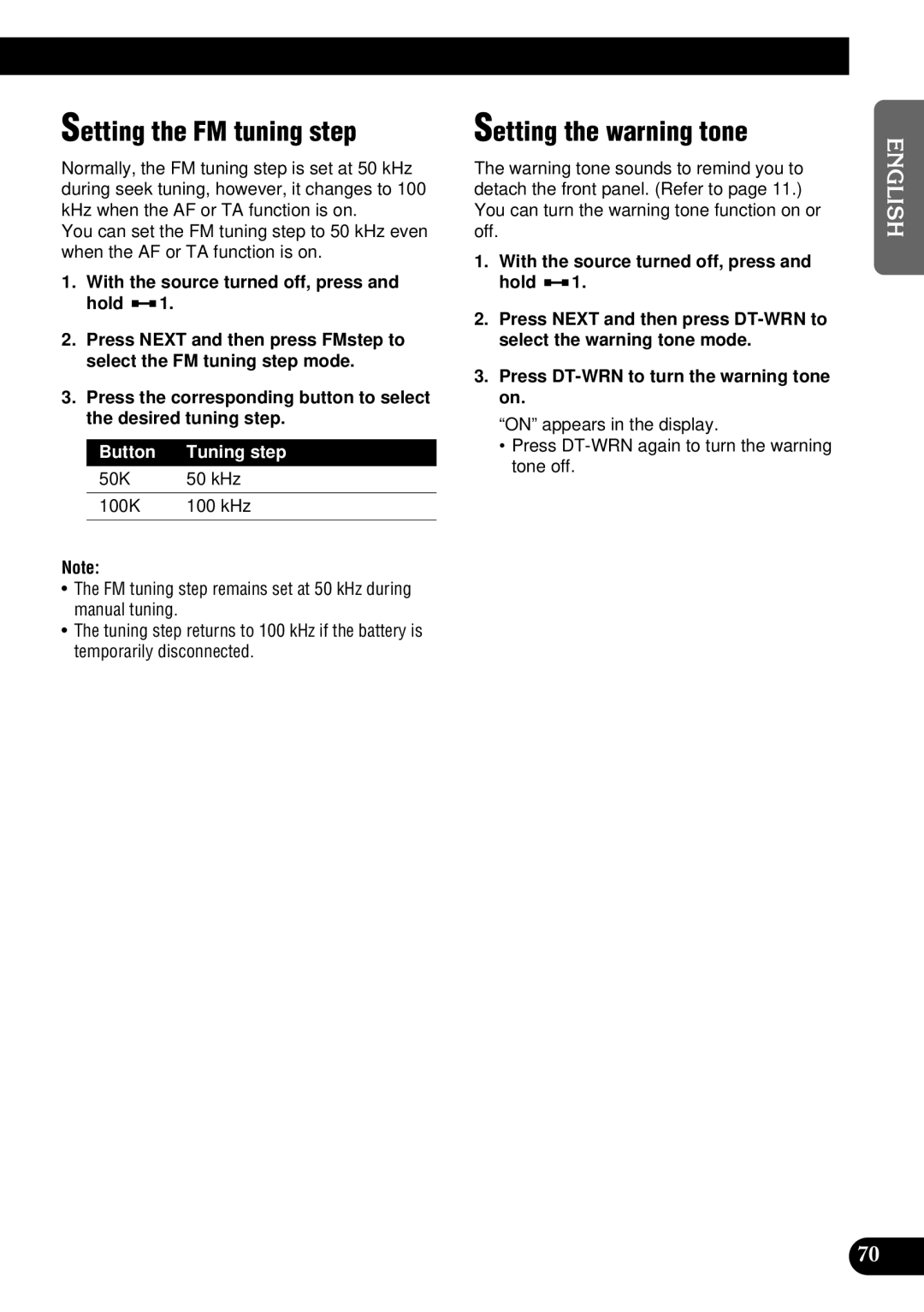 Pioneer DEH-P900HDD operation manual Setting the FM tuning step, Setting the warning tone, Button Tuning step 