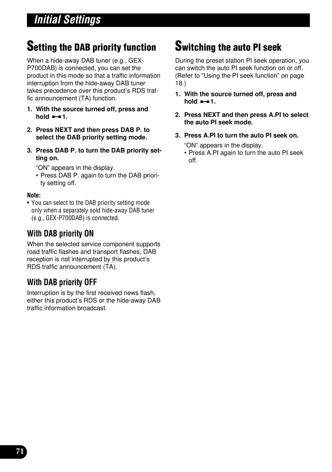 Pioneer DEH-P900HDD operation manual Setting the DAB priority function, Switching the auto PI seek, With DAB priority on 