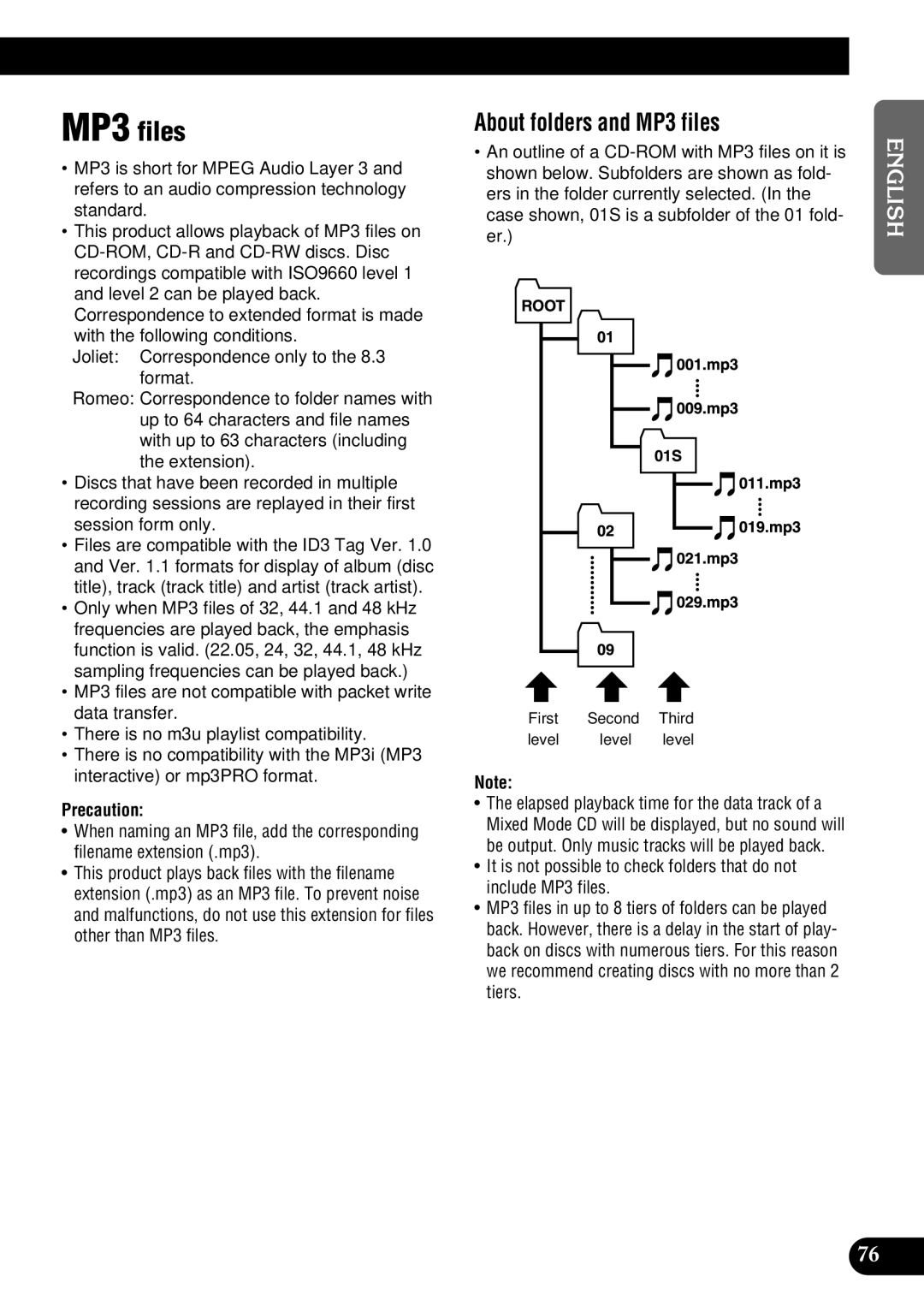 Pioneer DEH-P900HDD operation manual About folders and MP3 files 