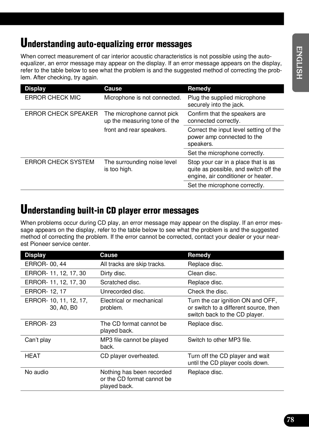 Pioneer DEH-P900HDD Understanding auto-equalizing error messages, Understanding built-in CD player error messages 