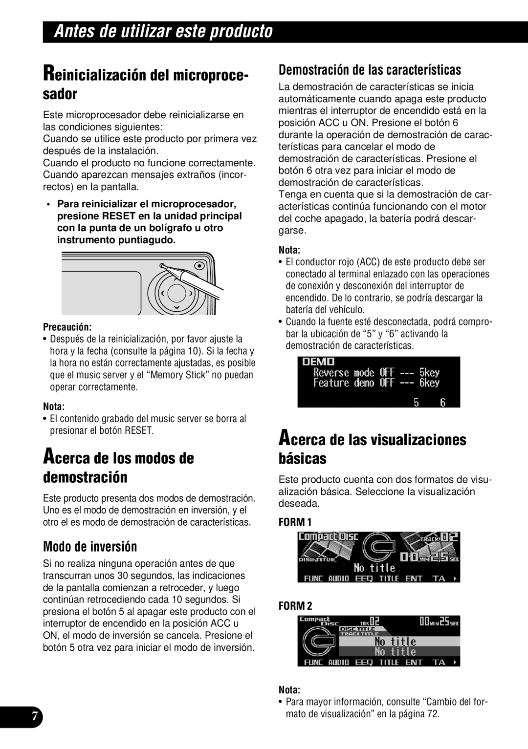 Pioneer DEH-P900HDD Reinicialización del microproce- sador, Acerca de las visualizaciones básicas, Modo de inversión 