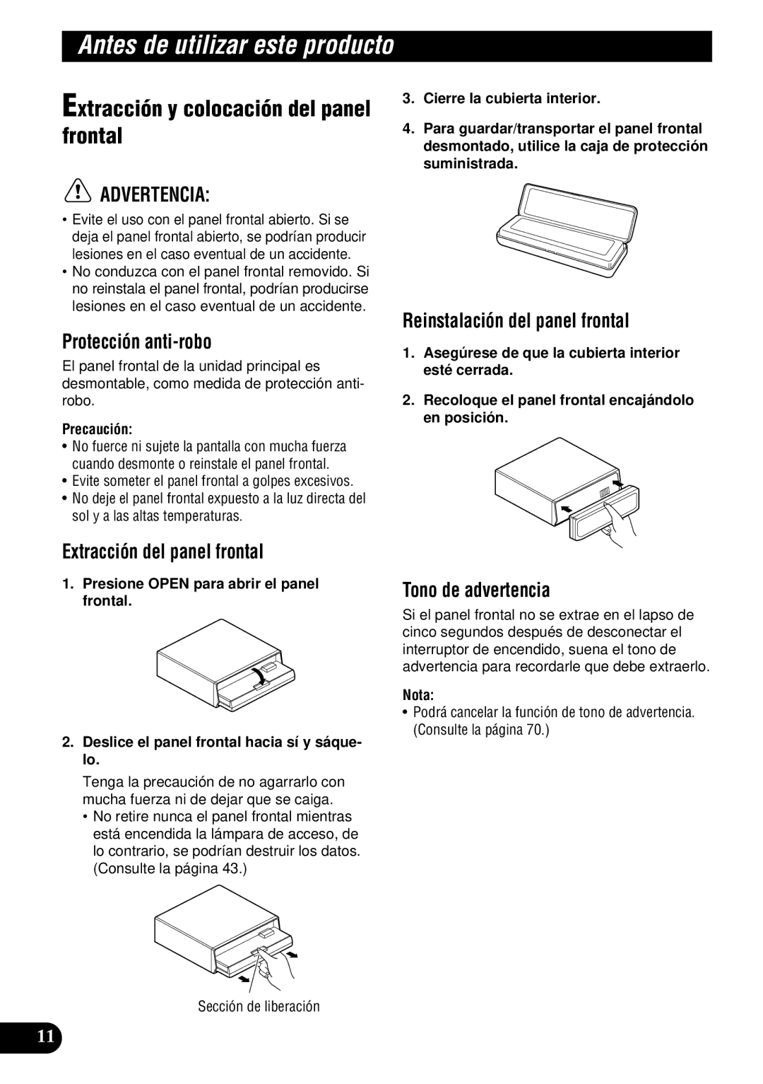 Pioneer DEH-P900HDD Extracción y colocación del panel frontal, Protección anti-robo, Extracción del panel frontal 