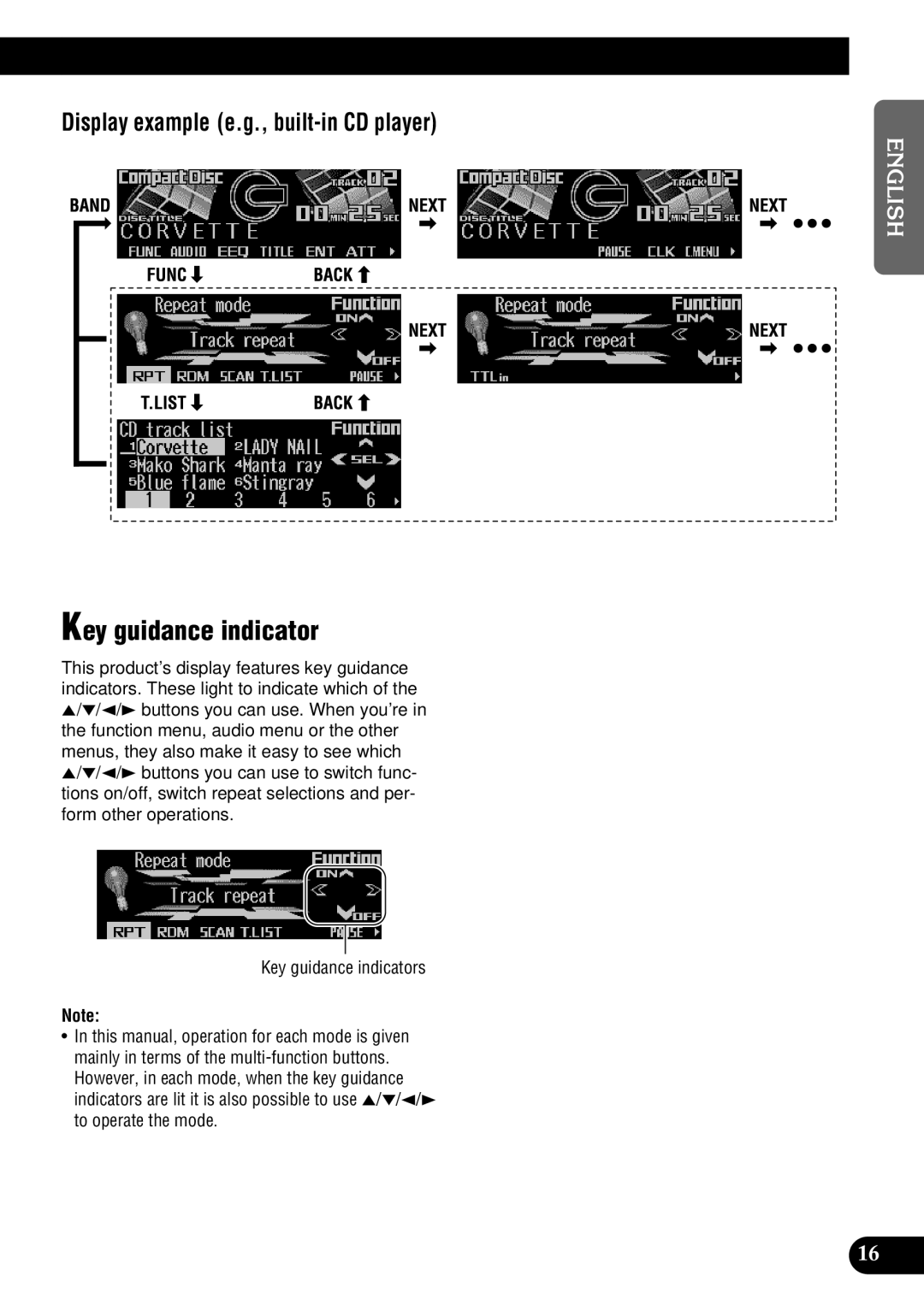 Pioneer DEH-P9100R operation manual Key guidance indicator, Display example e.g., built-in CD player 