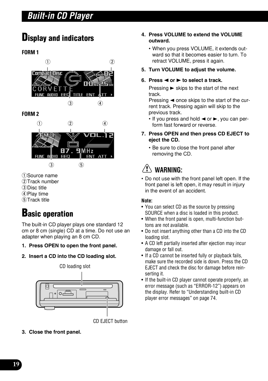 Pioneer DEH-P9100R operation manual Built-in CD Player, CD Eject button, Press Open and then press CD Eject to eject the CD 