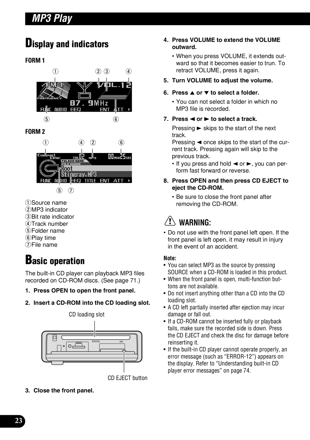 Pioneer DEH-P9100R operation manual MP3 Play, Press Open and then press CD Eject to eject the CD-ROM 