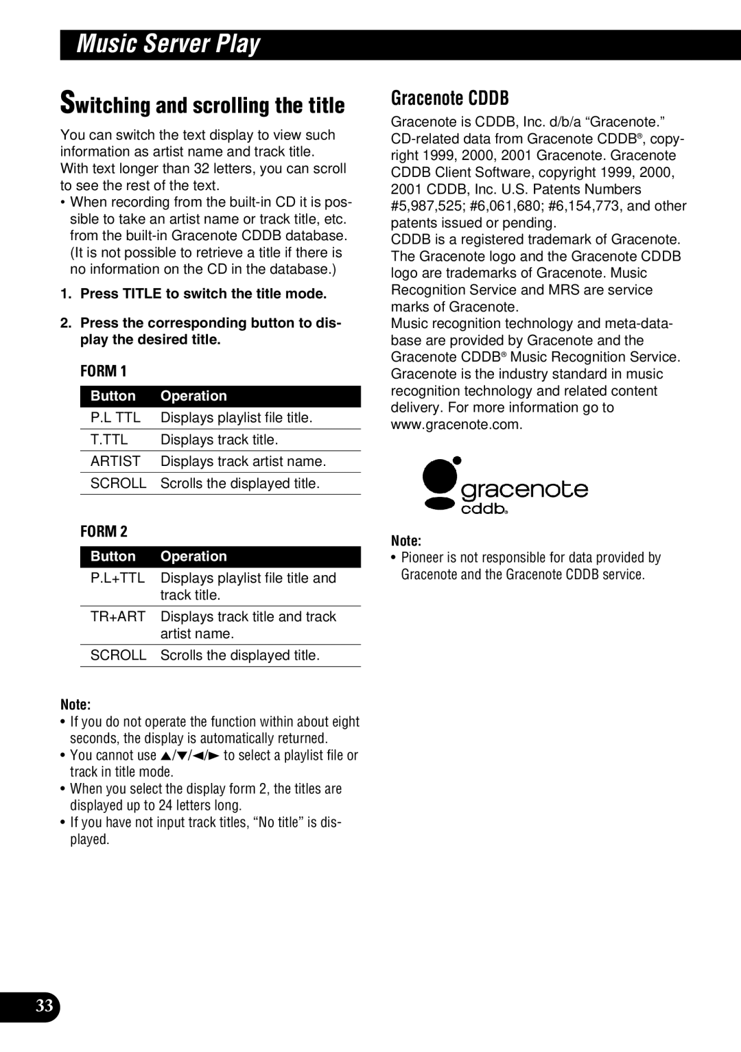 Pioneer DEH-P9100R operation manual Gracenote Cddb, Displays playlist file title, +Ttl, Track title 