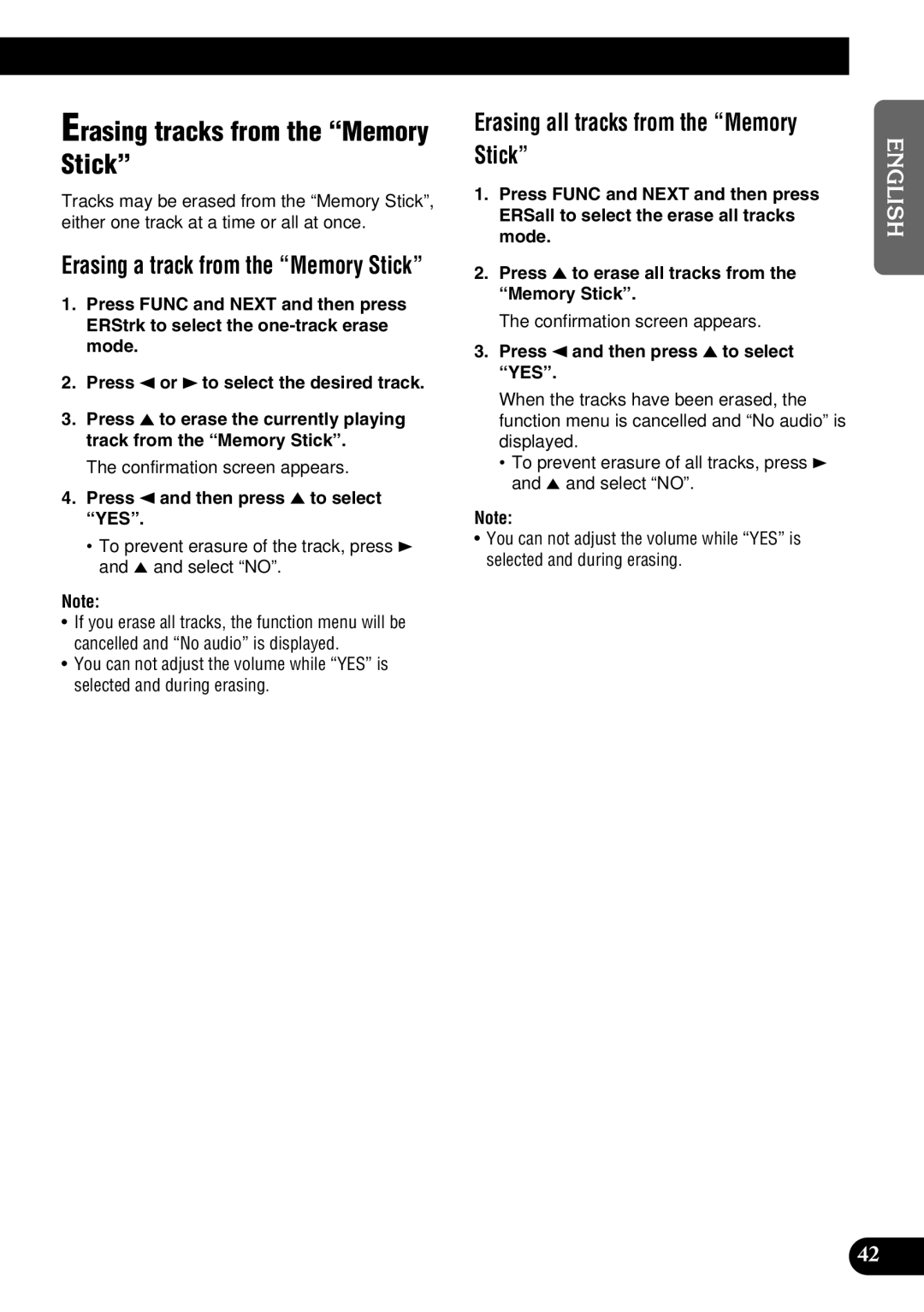 Pioneer DEH-P9100R operation manual Erasing tracks from the Memory Stick, Erasing all tracks from the Memory Stick 