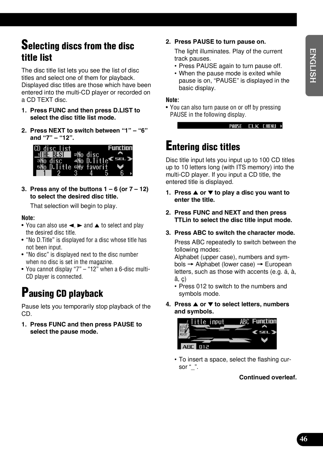 Pioneer DEH-P9100R Selecting discs from the disc title list, Press 5 or ∞ to play a disc you want to enter the title 