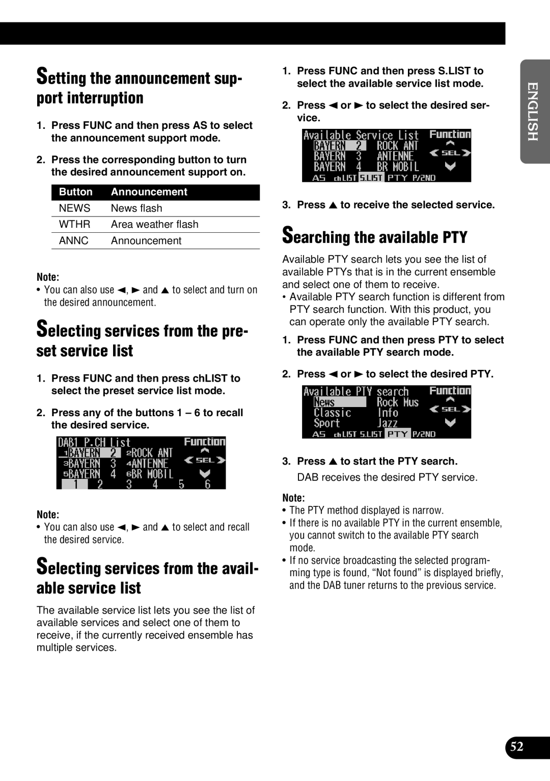 Pioneer DEH-P9100R Setting the announcement sup- port interruption, Selecting services from the pre- set service list 