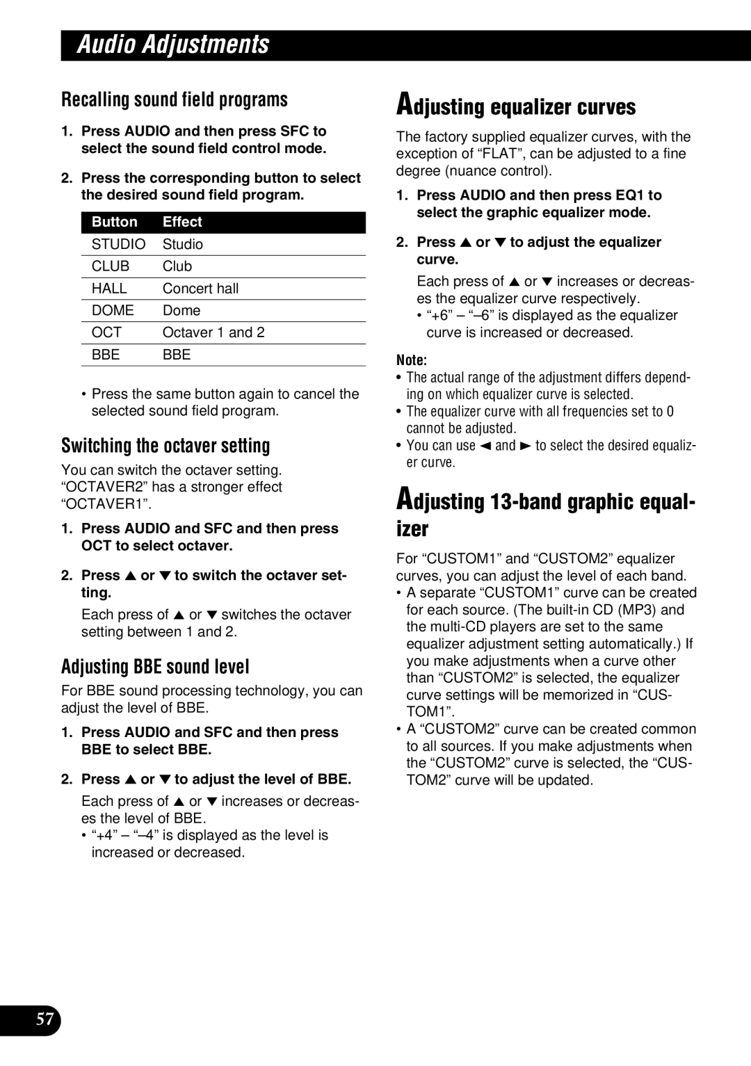 Pioneer DEH-P9100R Adjusting equalizer curves, Adjusting 13-band graphic equal- izer, Recalling sound field programs 