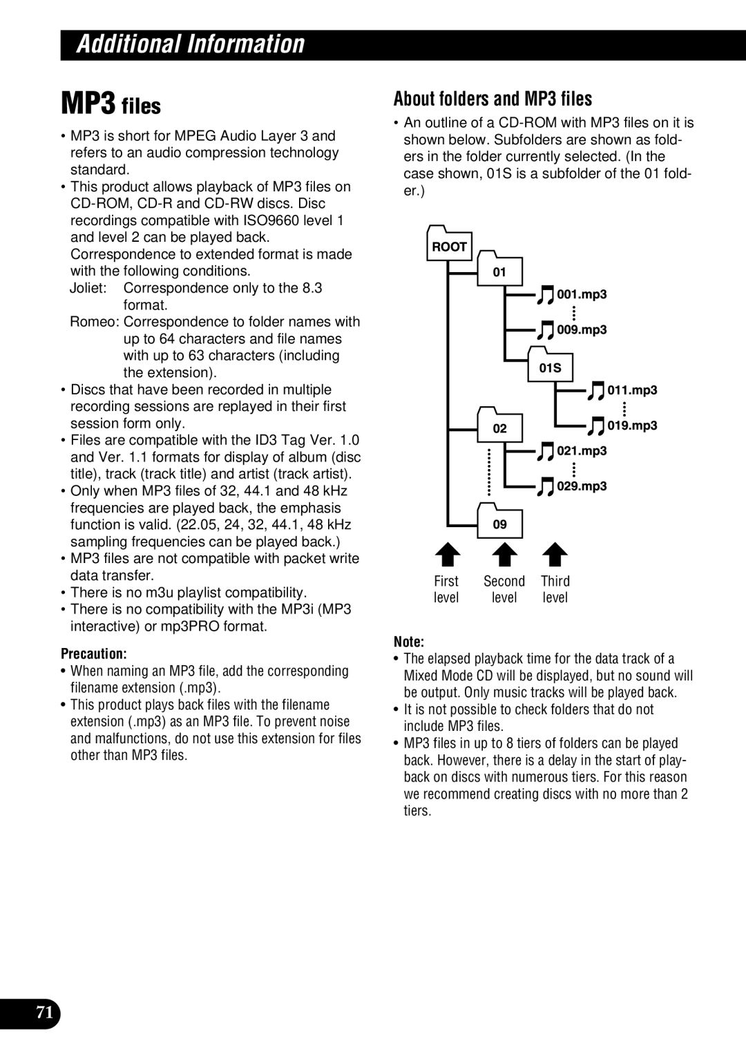 Pioneer DEH-P9100R operation manual About folders and MP3 files 