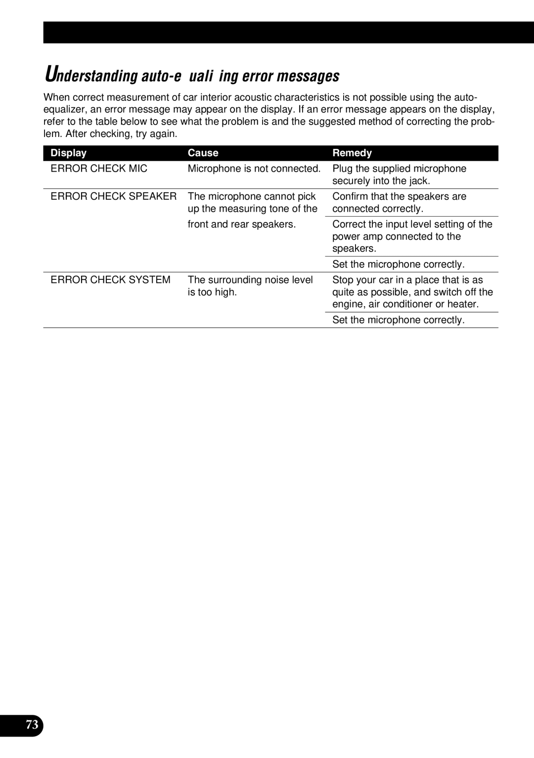 Pioneer DEH-P9100R Understanding auto-equalizing error messages, Display Cause Remedy, Error Check MIC, Error Check System 