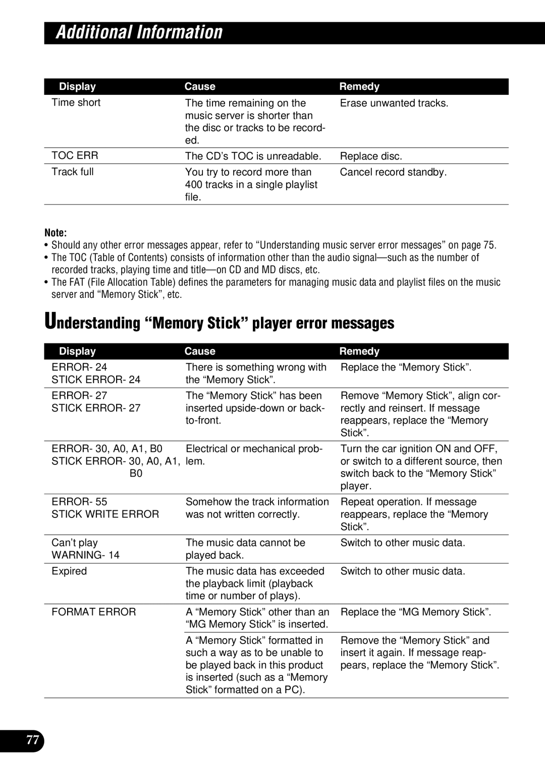 Pioneer DEH-P9100R Understanding Memory Stick player error messages, Toc Err, Stick Error, Stick Write Error, Format Error 