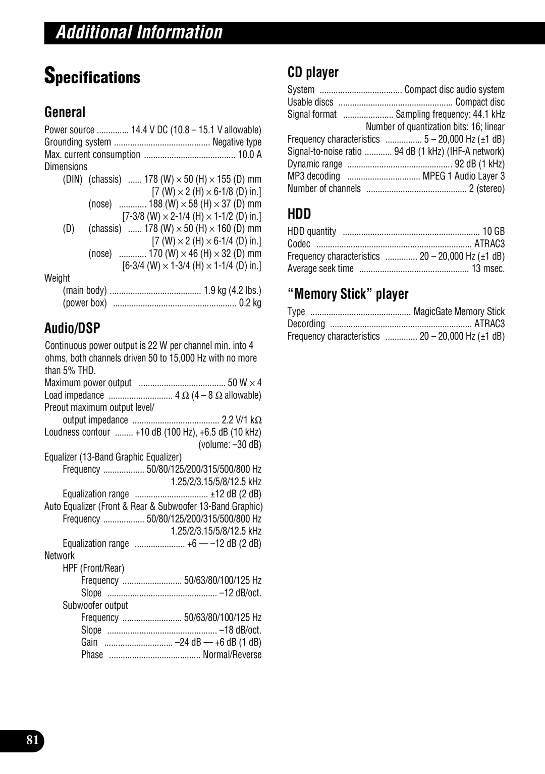 Pioneer DEH-P9100R operation manual Specifications, General, Audio/DSP, CD player 