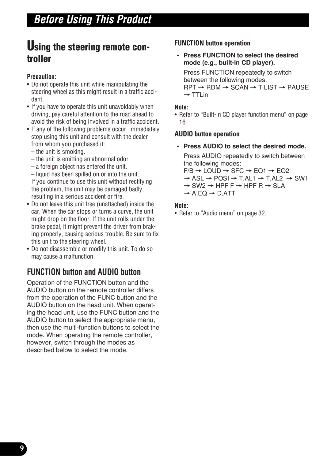 Pioneer DEH-P9300 Using the steering remote con- troller, Function button operation, Audio button operation 