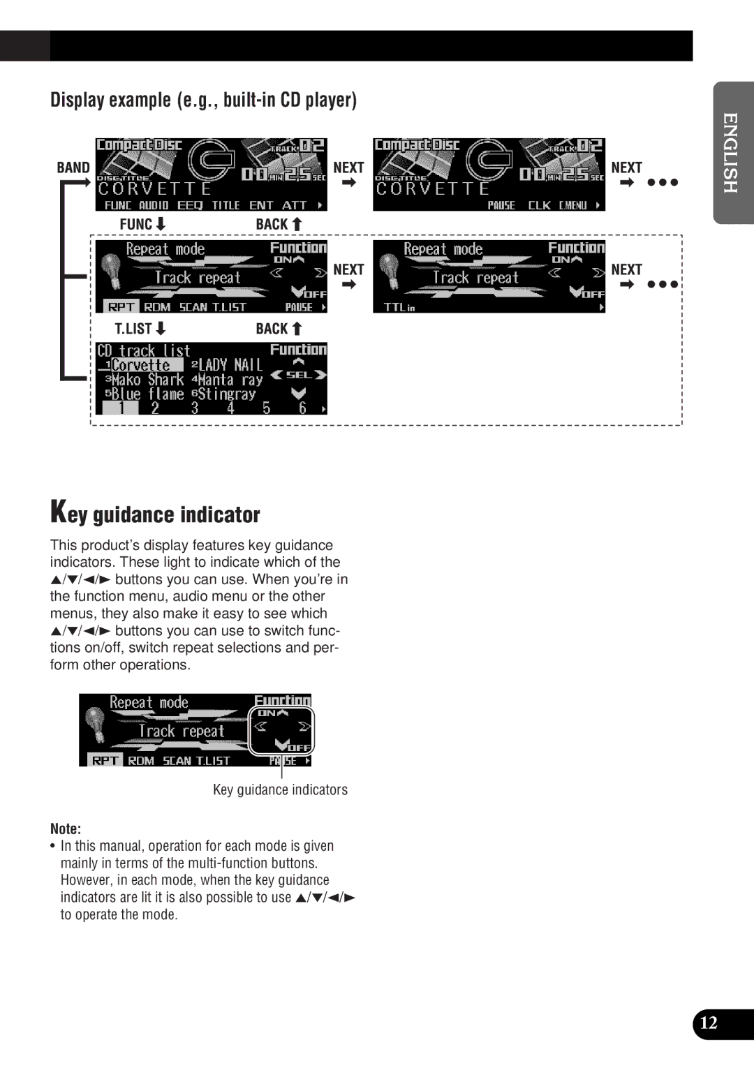 Pioneer DEH-P9300 operation manual Key guidance indicator, Display example e.g., built-in CD player 