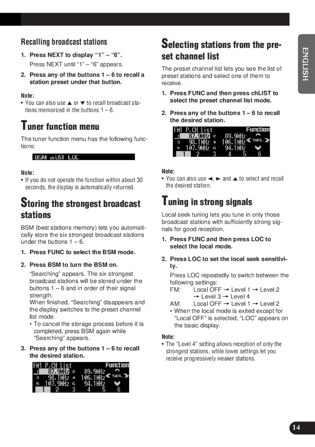 Pioneer DEH-P9300 Tuner function menu, Storing the strongest broadcast stations, Selecting stations from the pre 