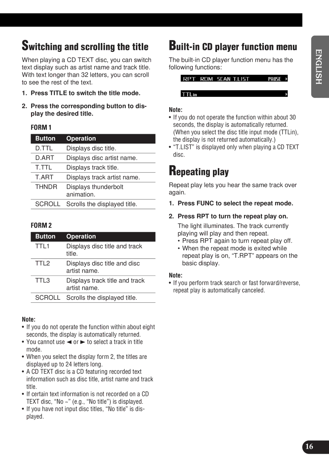 Pioneer DEH-P9300 Switching and scrolling the title, Repeating play, Built-in CD player function menu, Button Operation 