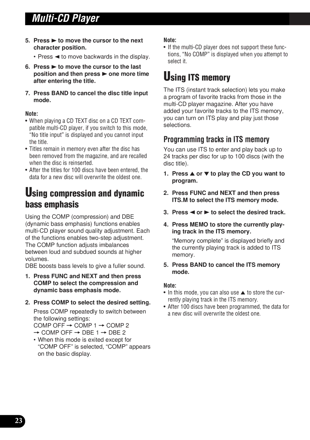 Pioneer DEH-P9300 Using compression and dynamic bass emphasis, Using ITS memory, Programming tracks in ITS memory 