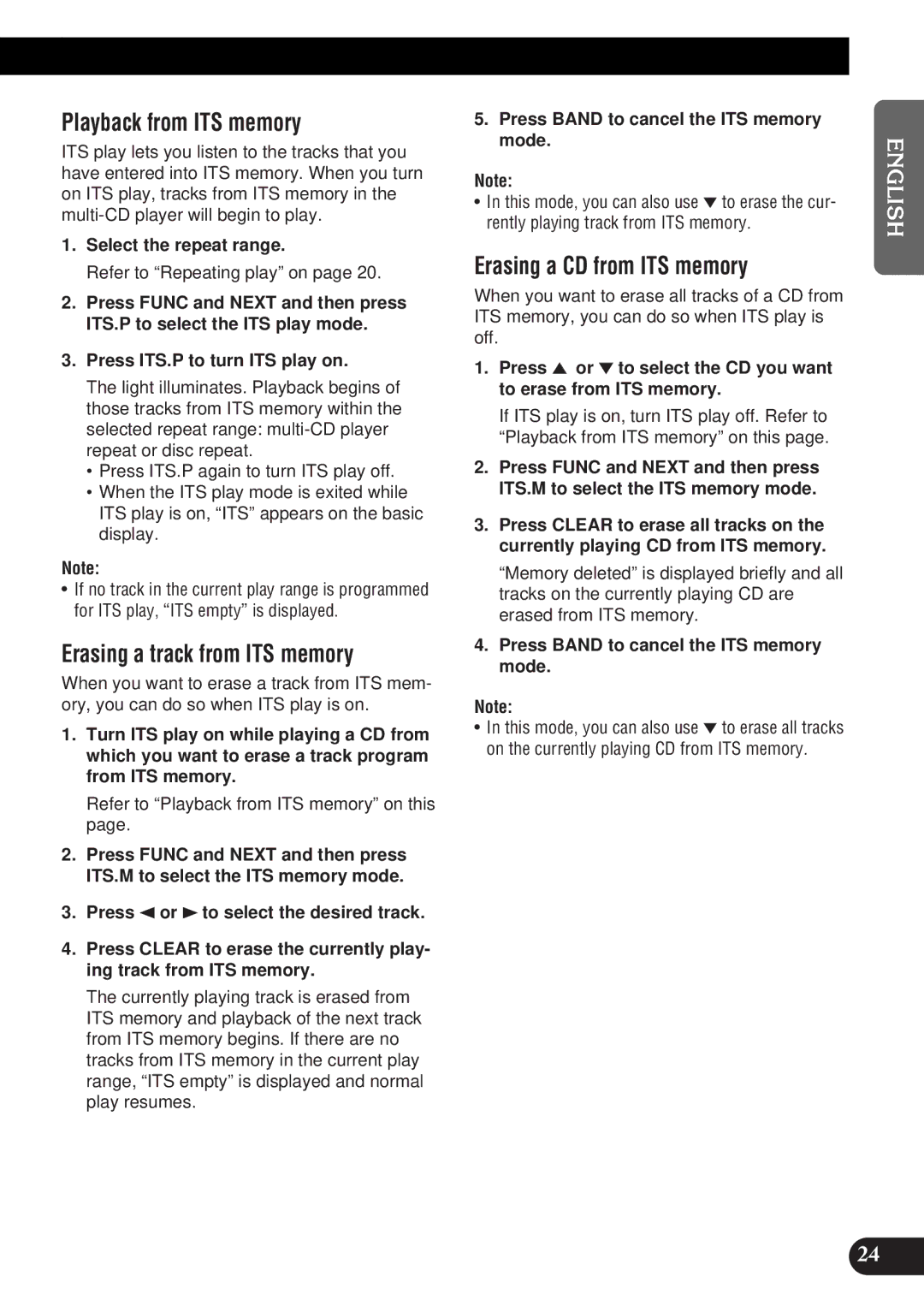 Pioneer DEH-P9300 operation manual Playback from ITS memory, Erasing a track from ITS memory, Erasing a CD from ITS memory 