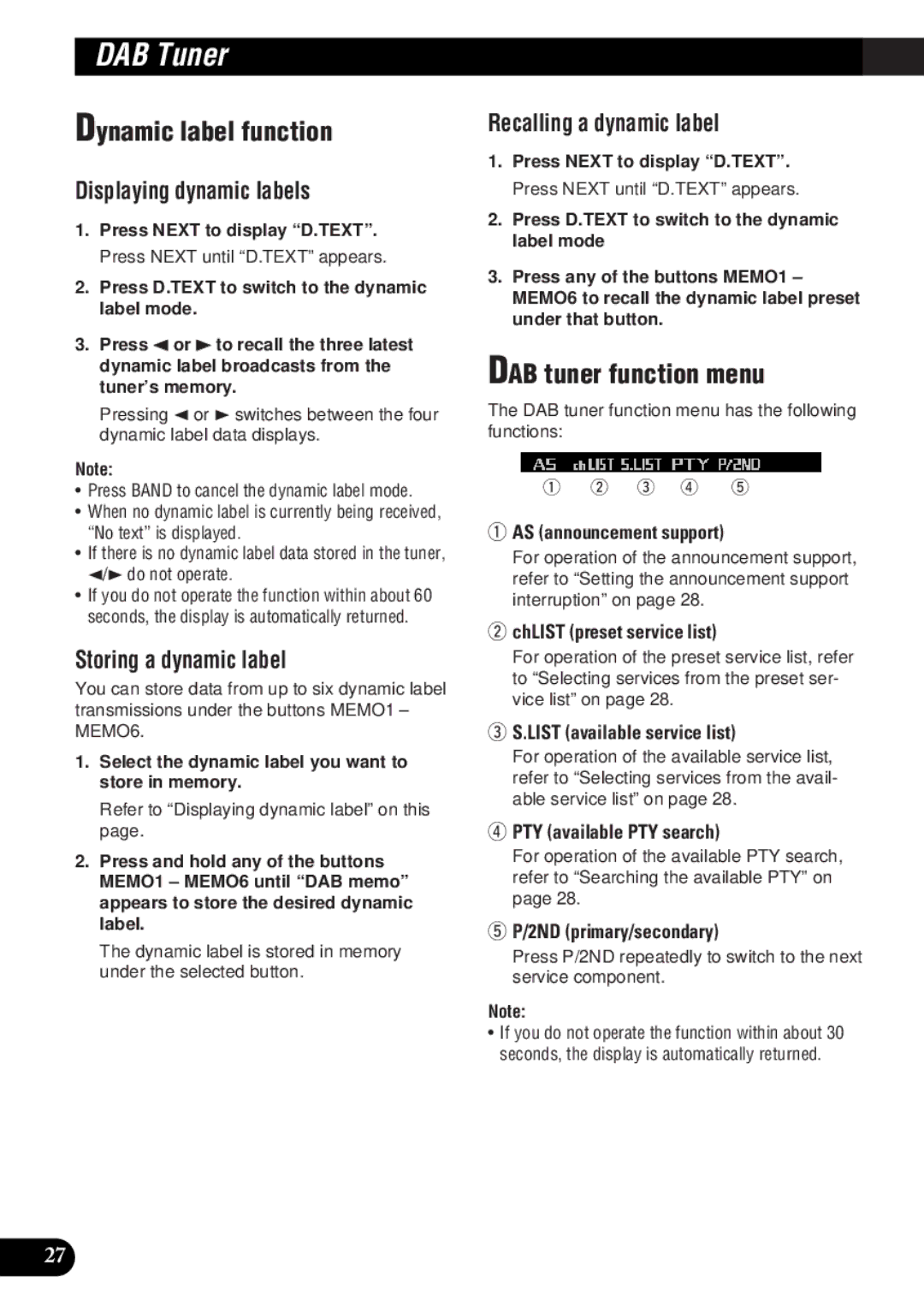 Pioneer DEH-P9300 Dynamic label function, DAB tuner function menu, Displaying dynamic labels, Storing a dynamic label 