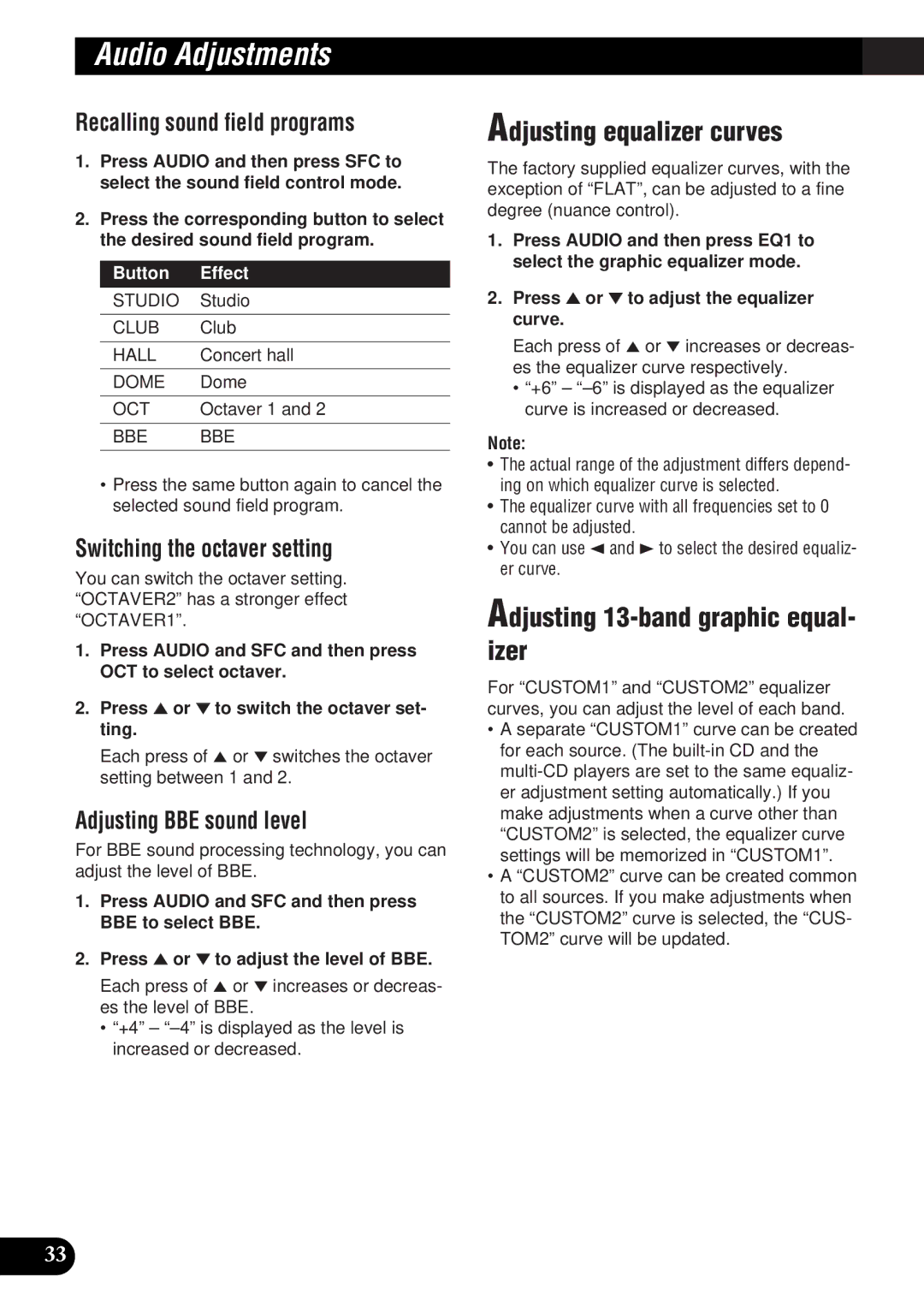 Pioneer DEH-P9300 Adjusting equalizer curves, Adjusting 13-band graphic equal- izer, Recalling sound field programs 