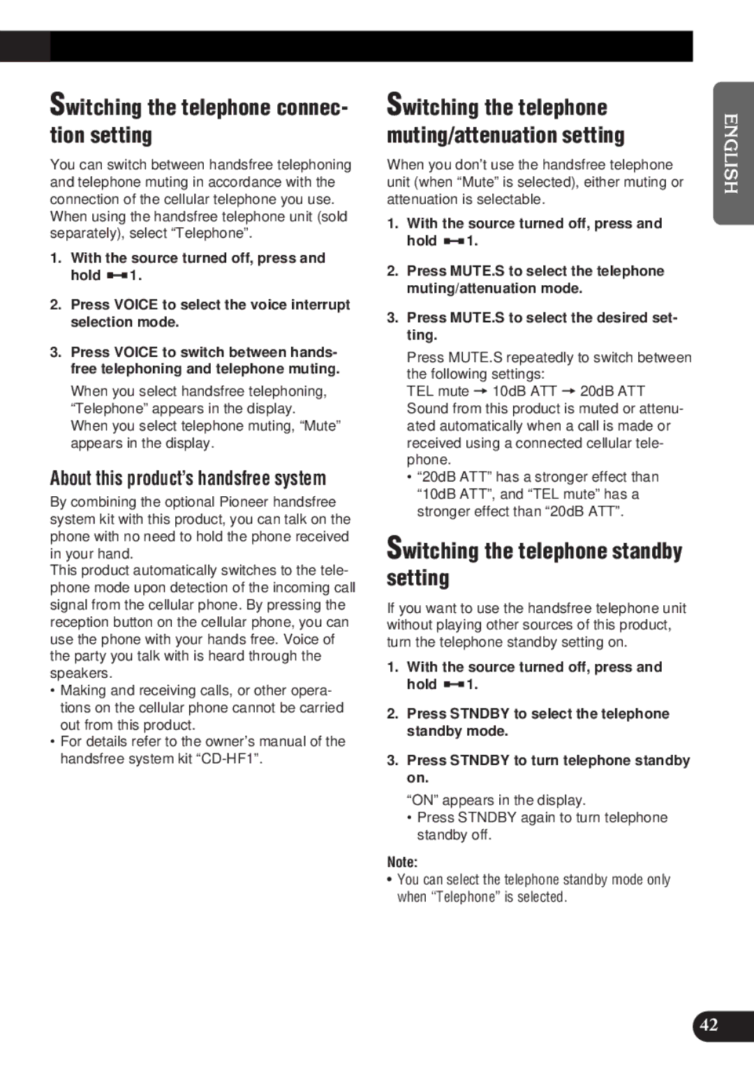 Pioneer DEH-P9300 operation manual Switching the telephone connec- tion setting, Switching the telephone standby setting 