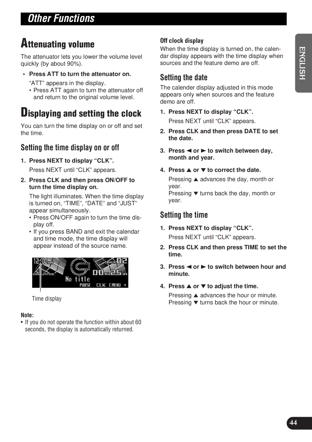 Pioneer DEH-P9300 operation manual Other Functions, Attenuating volume, Displaying and setting the clock 