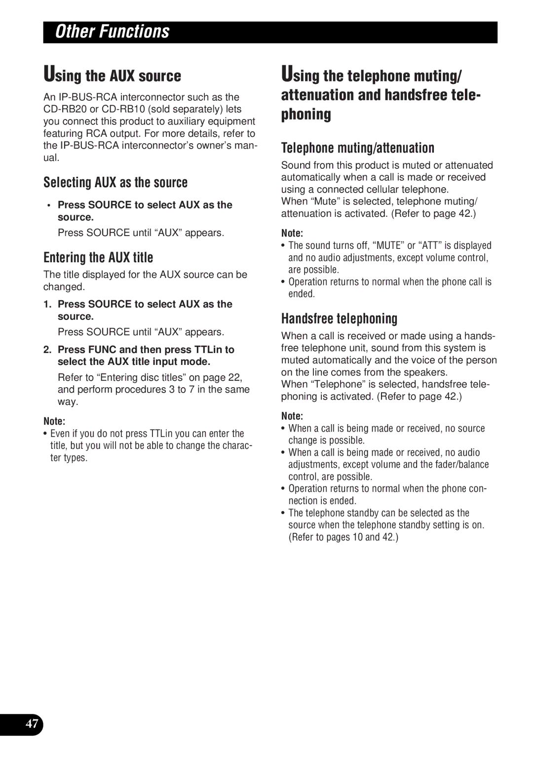 Pioneer DEH-P9300 Using the AUX source, Selecting AUX as the source, Entering the AUX title, Telephone muting/attenuation 