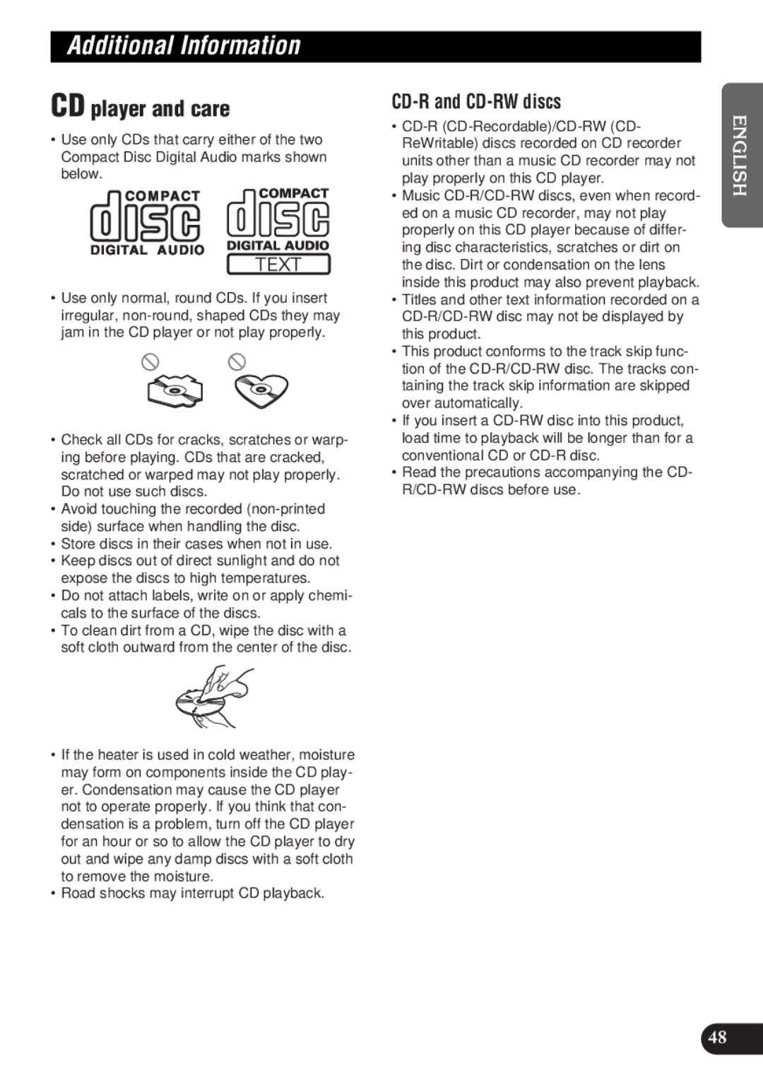 Pioneer DEH-P9300 operation manual Additional Information, CD player and care, CD-R and CD-RW discs 