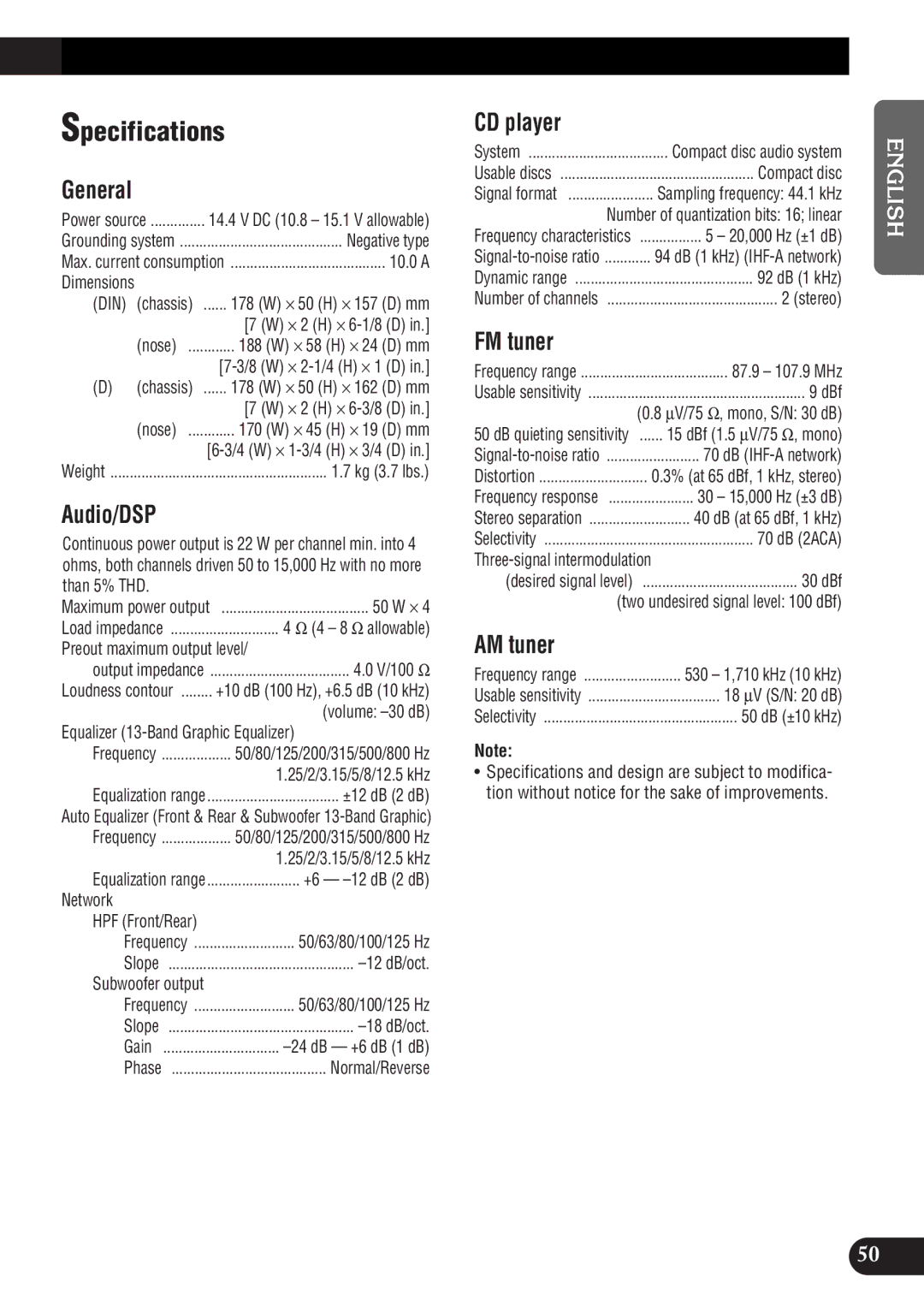 Pioneer DEH-P9300 operation manual Specifications 